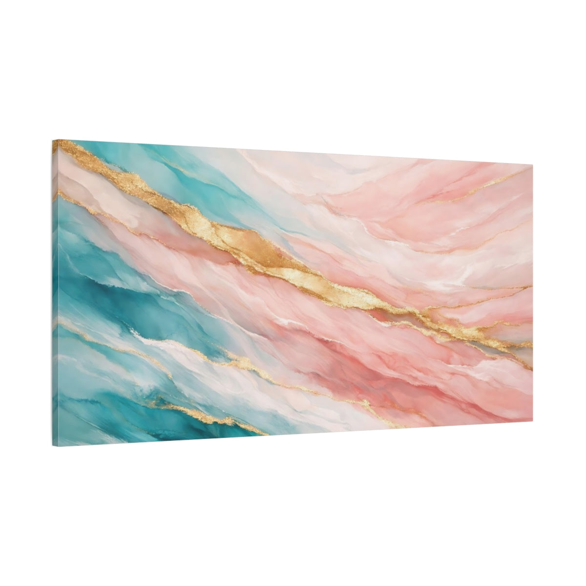 Main Mockup. Abstract Fluid Art Teal Pink Gold shown as stretched canvas wall art
