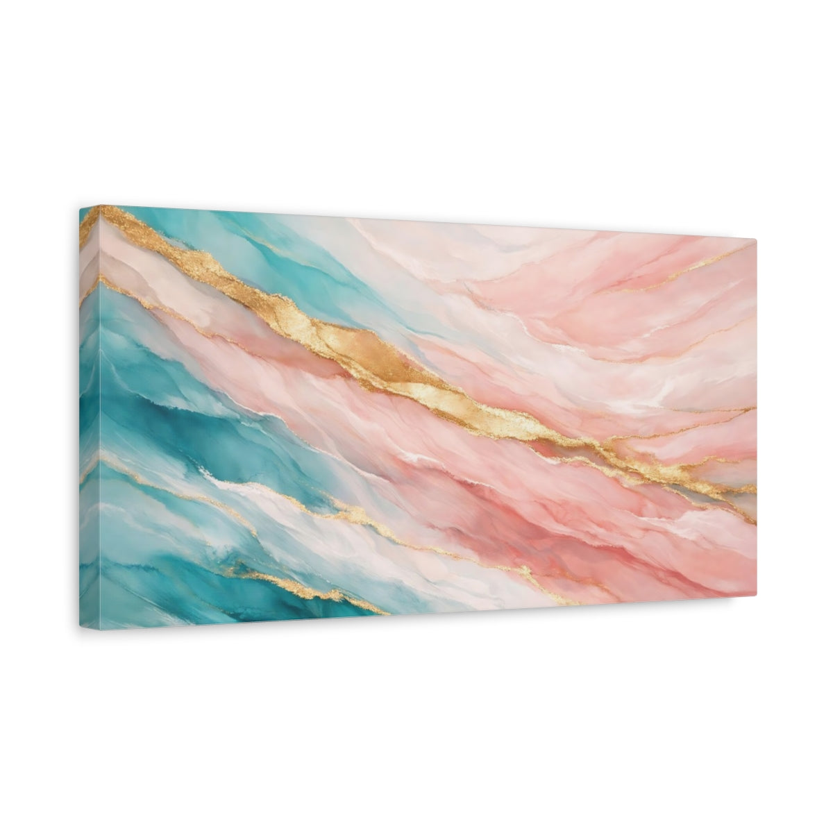 Side Mockup 3. Abstract Fluid Art Teal Pink Gold shown as stretched canvas wall art