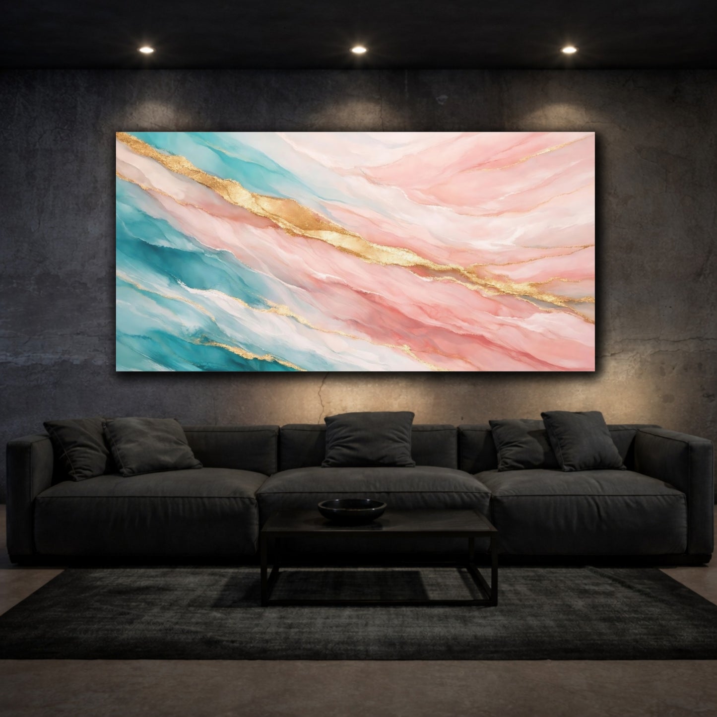 Mockup 2. Abstract Fluid Art Teal Pink Gold shown as stretched canvas wall art