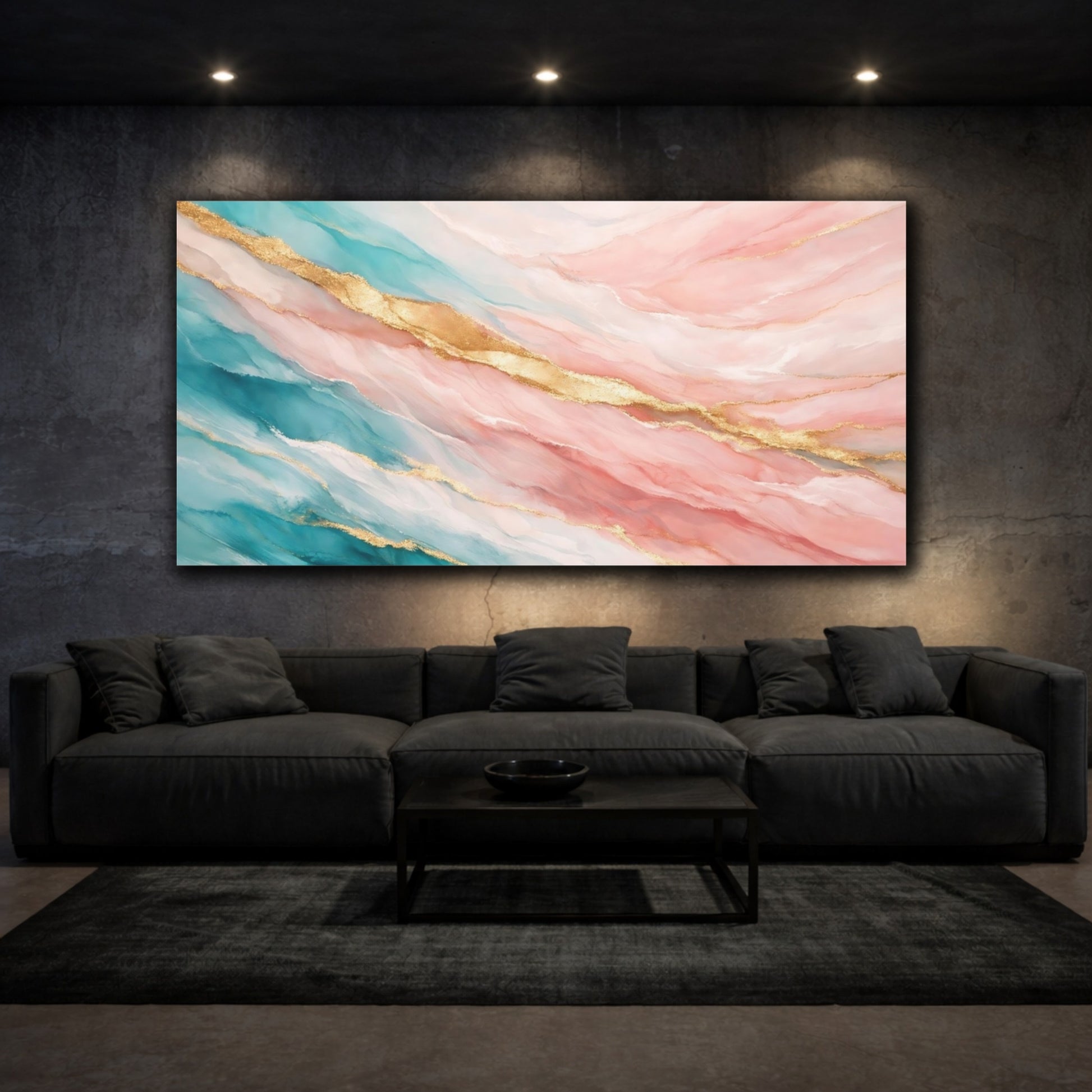 Mockup 2. Abstract Fluid Art Teal Pink Gold shown as stretched canvas wall art