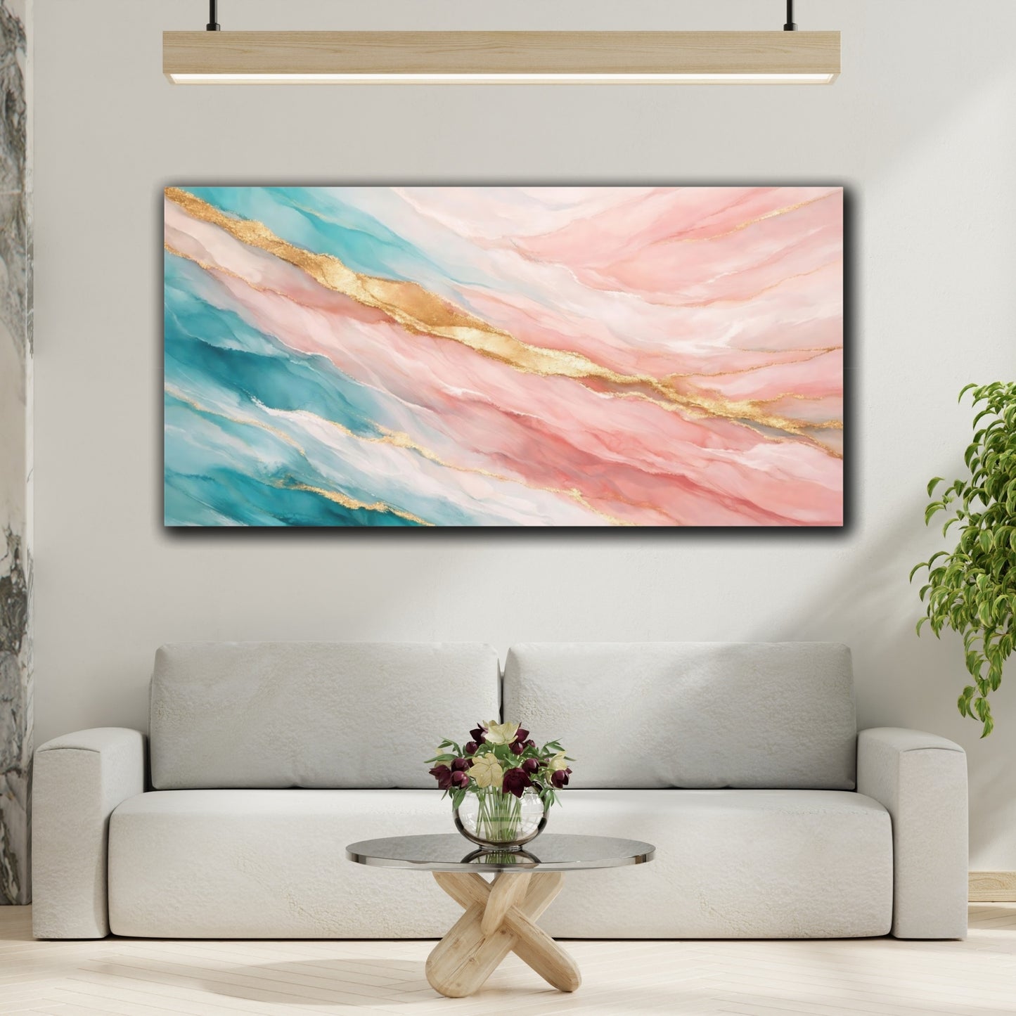 Mockup 3. Abstract Fluid Art Teal Pink Gold shown as stretched canvas wall art