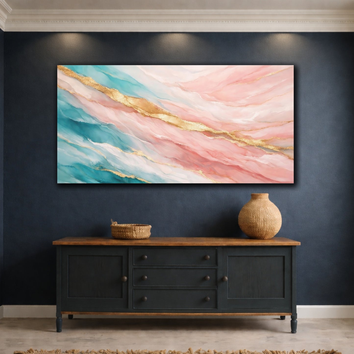 Mockup 4. Abstract Fluid Art Teal Pink Gold shown as stretched canvas wall art