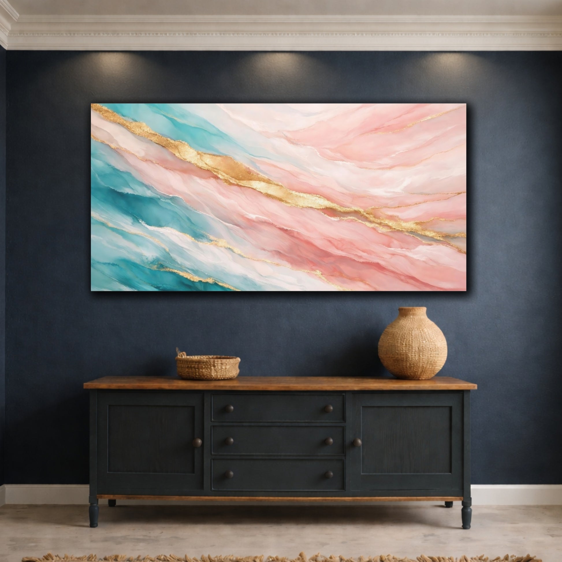 Mockup 4. Abstract Fluid Art Teal Pink Gold shown as stretched canvas wall art