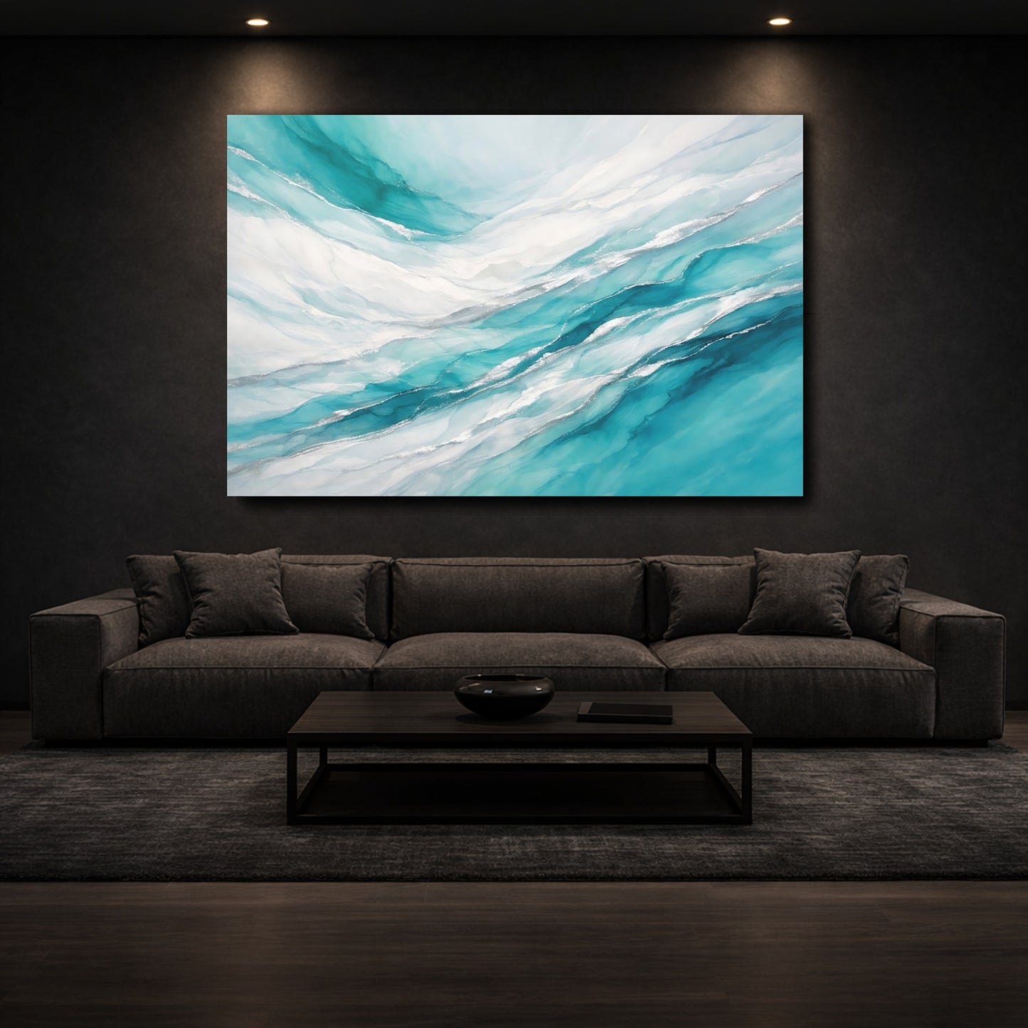 Mockup 2. Abstract Fluid Art Teal Silver Abstract shown as stretched canvas wall art