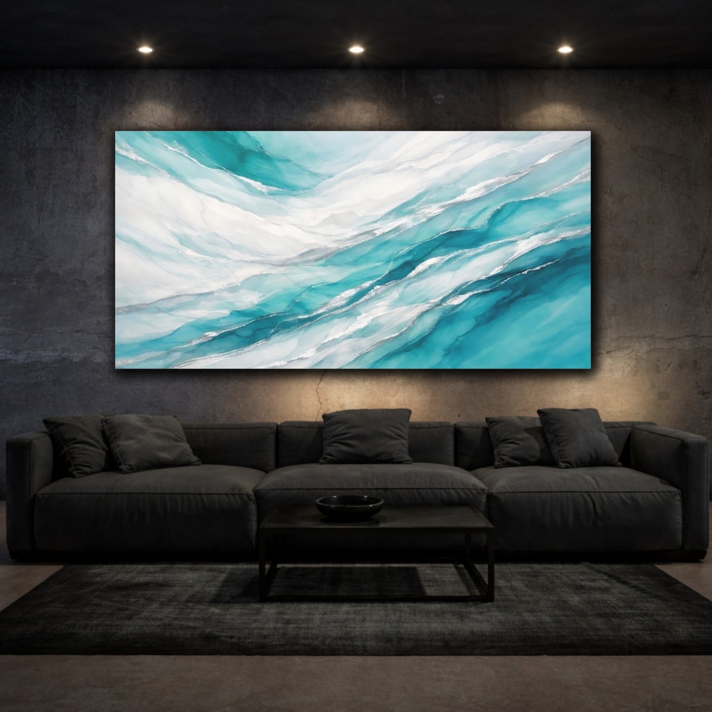 Mockup 2. Abstract Fluid Art Teal Silver Abstract shown as stretched canvas wall art