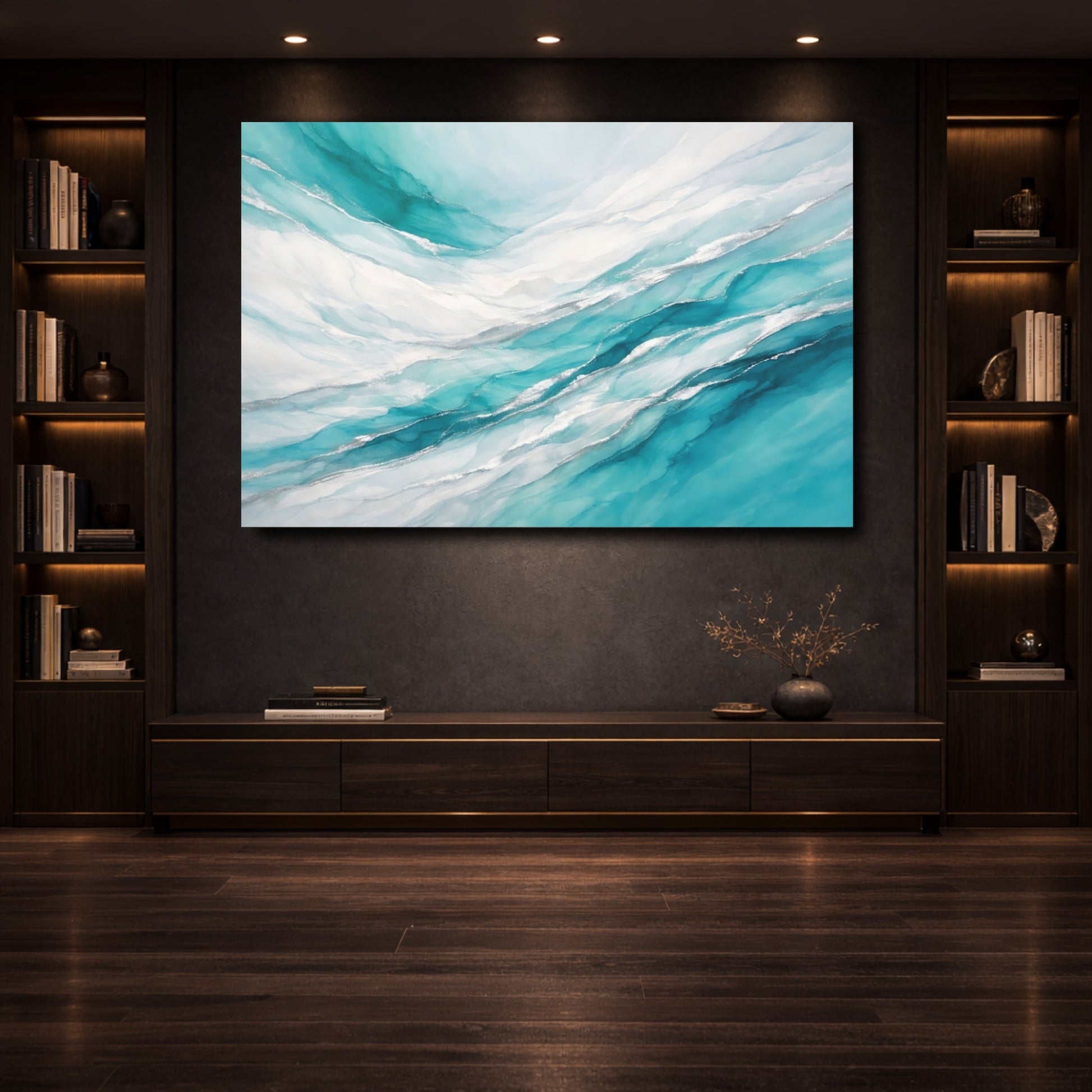 Mockup 3. Abstract Fluid Art Teal Silver Abstract shown as stretched canvas wall art