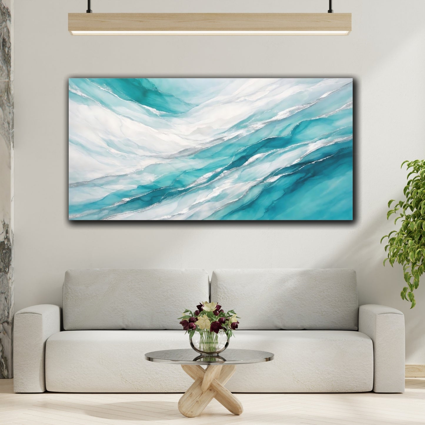 Mockup 3. Abstract Fluid Art Teal Silver Abstract shown as stretched canvas wall art