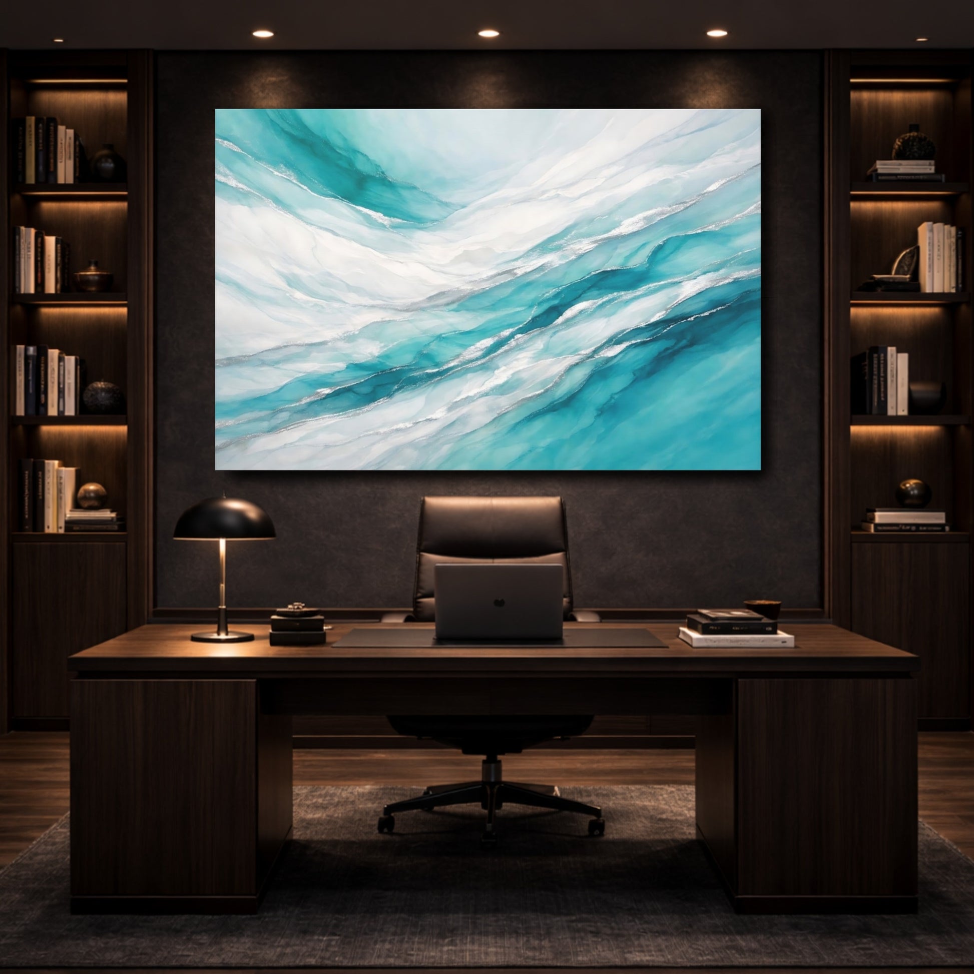 Mockup 4. Abstract Fluid Art Teal Silver Abstract shown as stretched canvas wall art