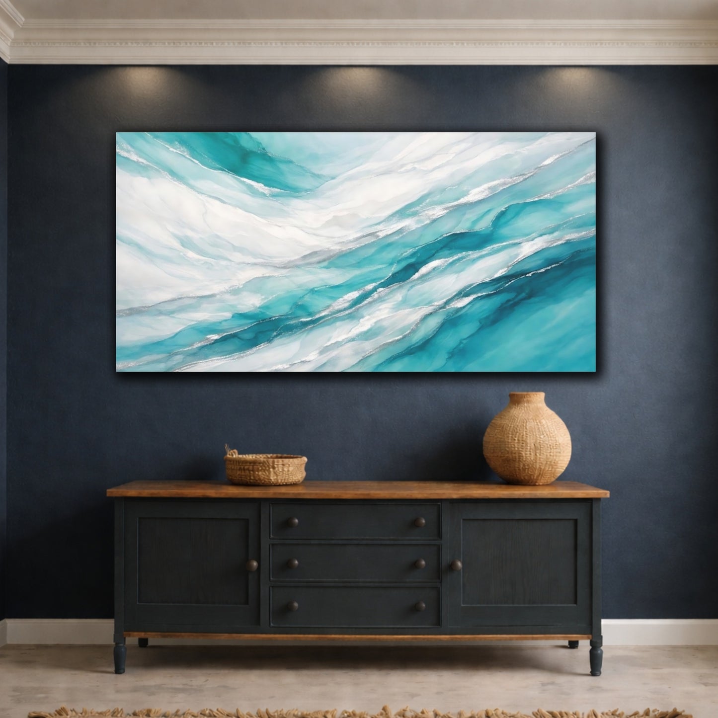Mockup 4. Abstract Fluid Art Teal Silver Abstract shown as stretched canvas wall art