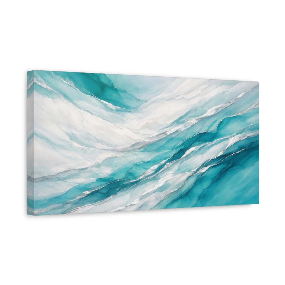 Side Mockup 3. Abstract Fluid Art Teal Silver Abstract shown as stretched canvas wall art