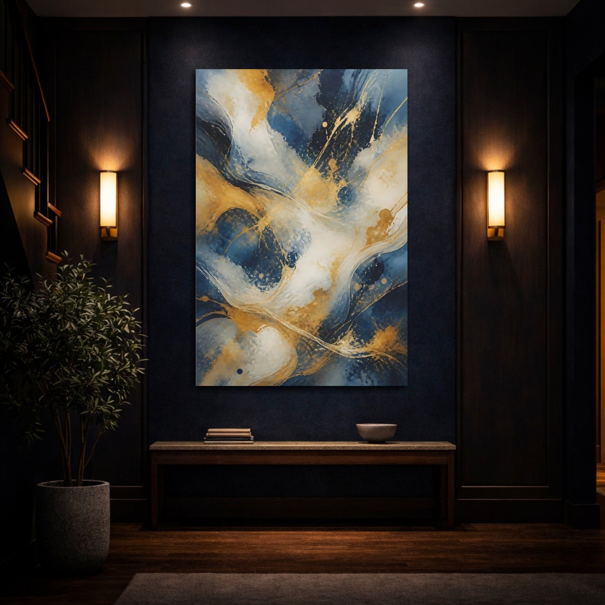 Abstract Fluid Blue And Gold Canvas Print – Decor for Living Room, Above Sofa - YesArtYes