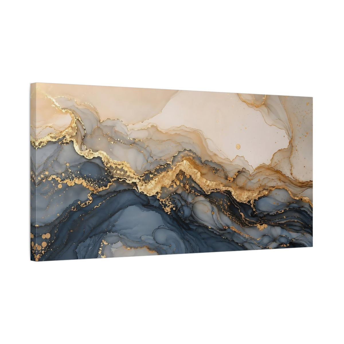 Side Mockup 1. Abstract Fluid Abstract Blue And Gold shown as stretched canvas wall art