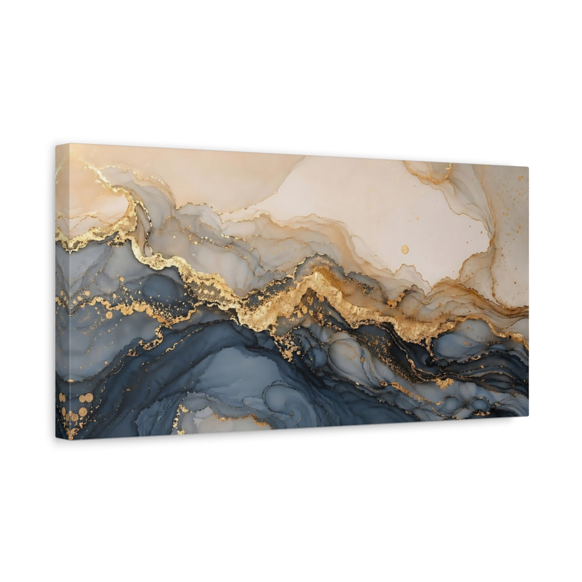 Side Mockup 3. Abstract Fluid Abstract Blue And Gold shown as stretched canvas wall art
