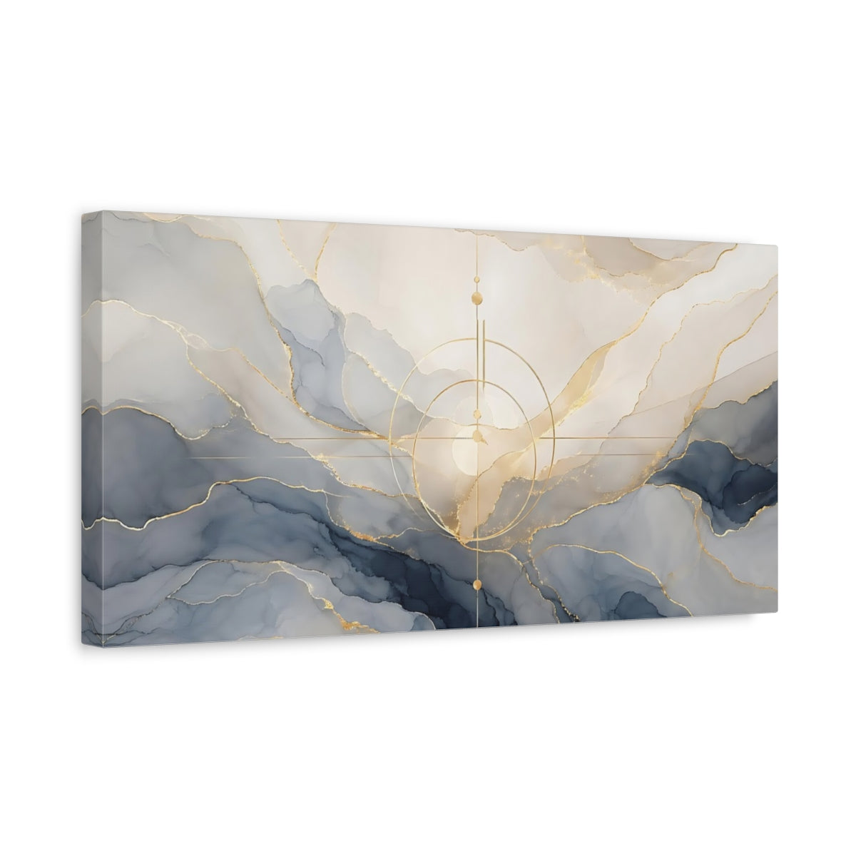 Side Mockup 3. Abstract Abstract Fluid Blue And Gold shown as stretched canvas wall art