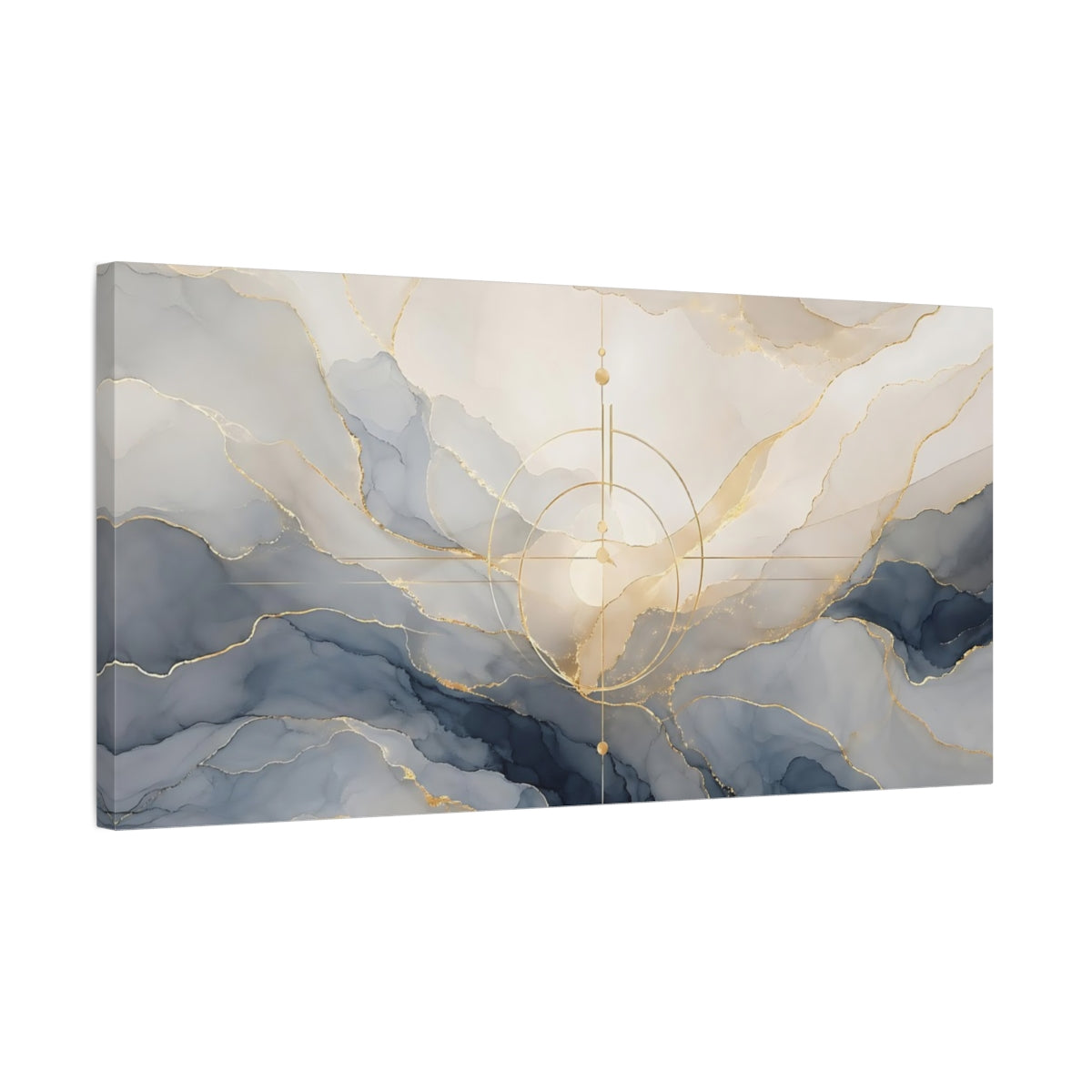 Side Mockup 1. Abstract Abstract Fluid Blue And Gold shown as stretched canvas wall art