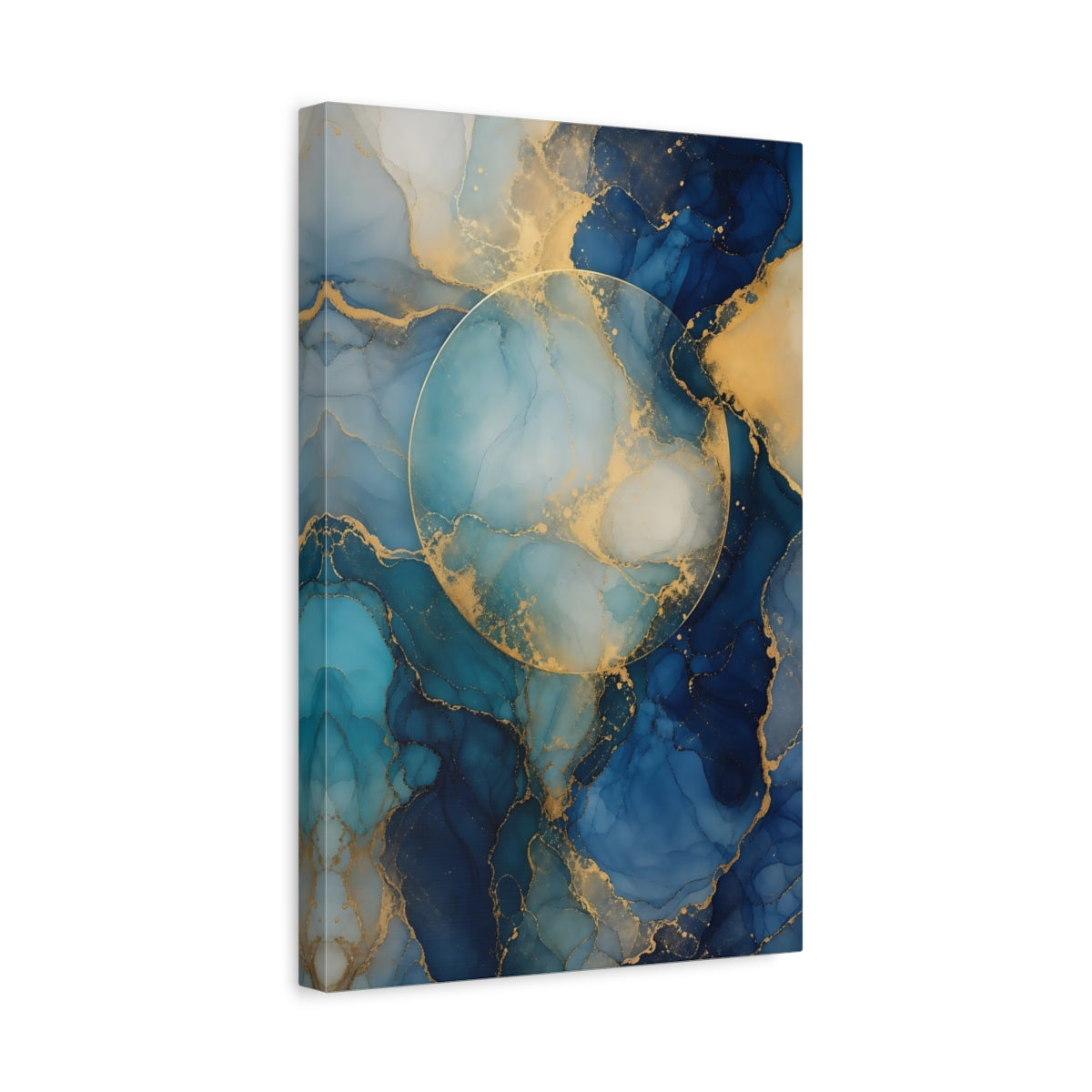 Side Mockup 4. Abstract Abstract Fluid Blue And Gold shown as stretched canvas wall art