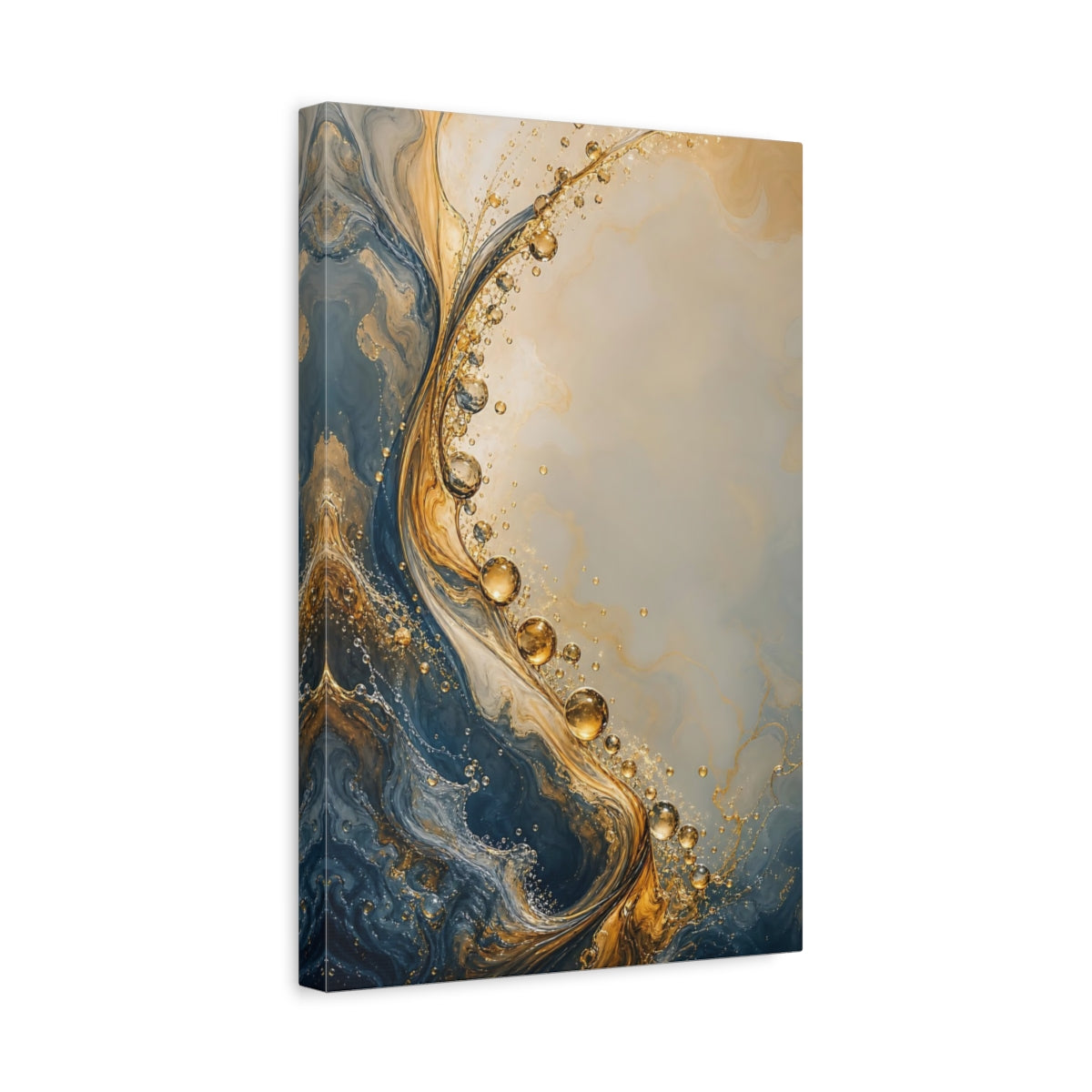 Side Mockup 4. Abstract Fluid Abstract Blue And Gold shown as stretched canvas wall art