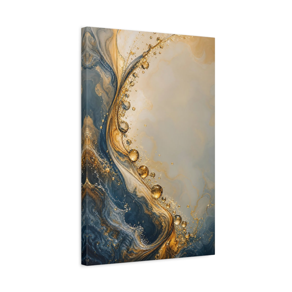 Side Mockup 3. Abstract Fluid Abstract Blue And Gold shown as stretched canvas wall art