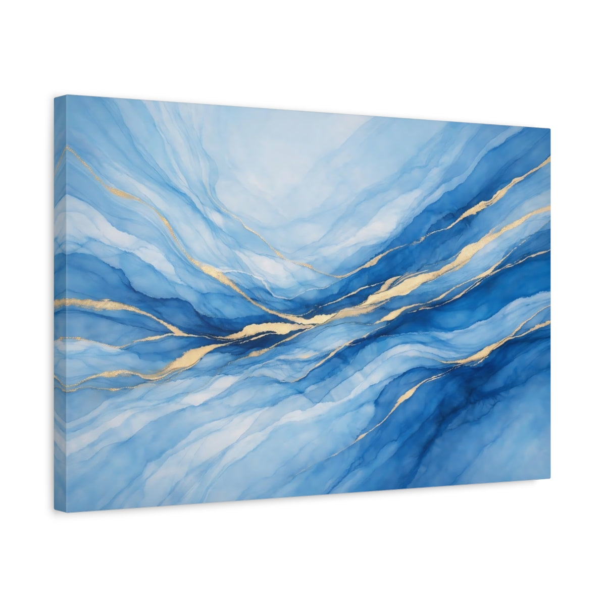 Side Mockup 3. Abstract Fluid Abstract Blue And Gold shown as stretched canvas wall art