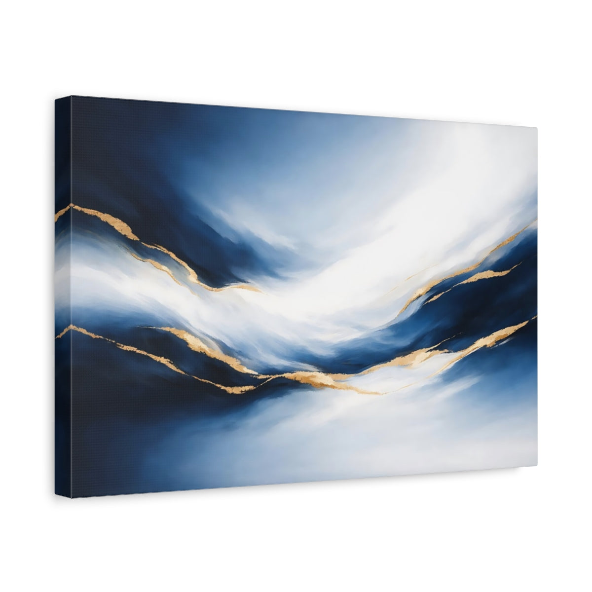 Side Mockup 4. Abstract Fluid Abstract Blue And Gold Abstract shown as stretched canvas wall art