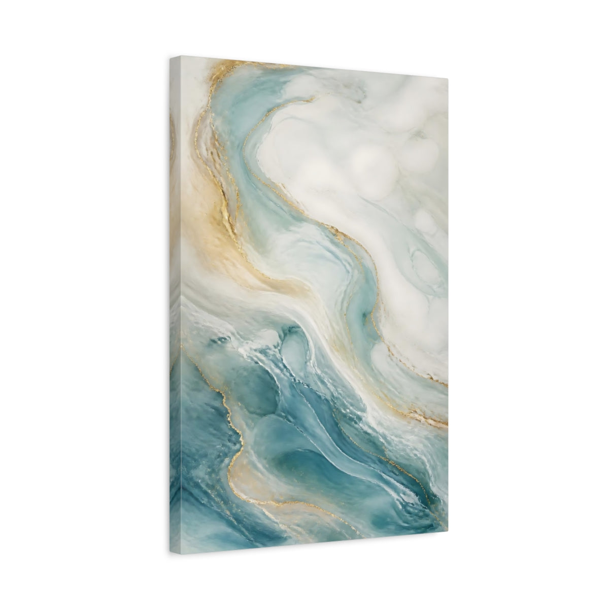 Side Mockup 3. Abstract Fluid Abstract Blue Gold Abstract shown as stretched canvas wall art