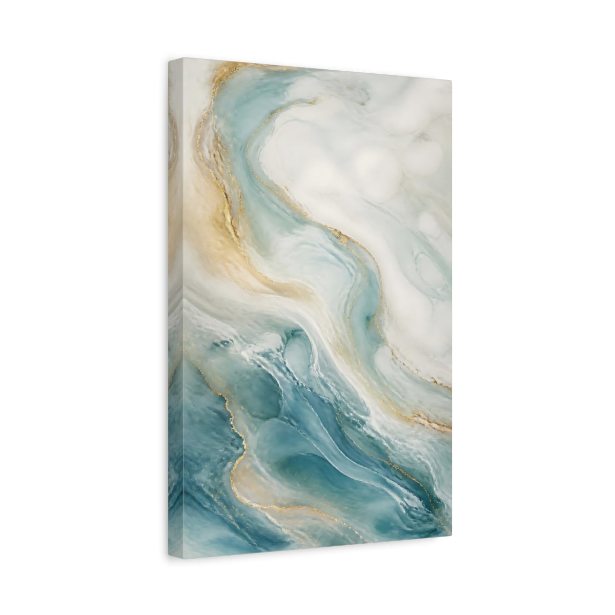 Side Mockup 4. Abstract Fluid Abstract Blue Gold Abstract shown as stretched canvas wall art