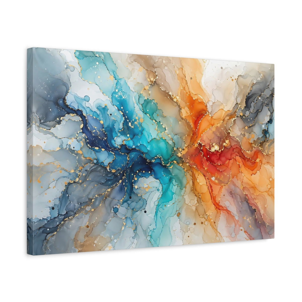 Side Mockup 3. Abstract Fluid Abstract Blue Orange Abstract shown as stretched canvas wall art