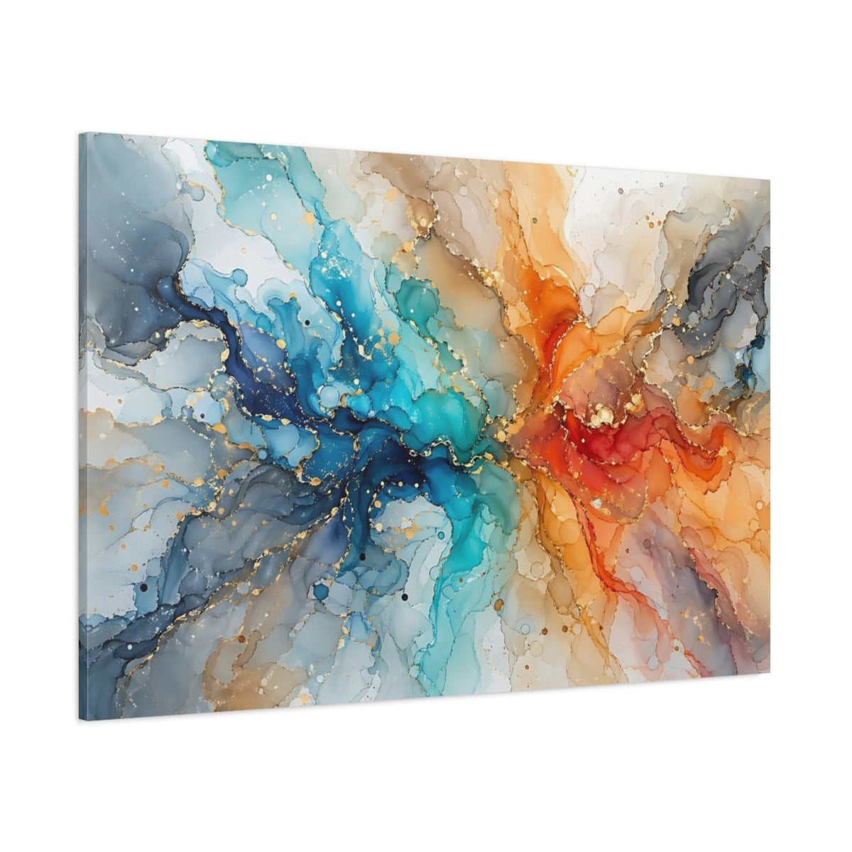 Side Mockup 1. Abstract Fluid Abstract Blue Orange Abstract shown as stretched canvas wall art