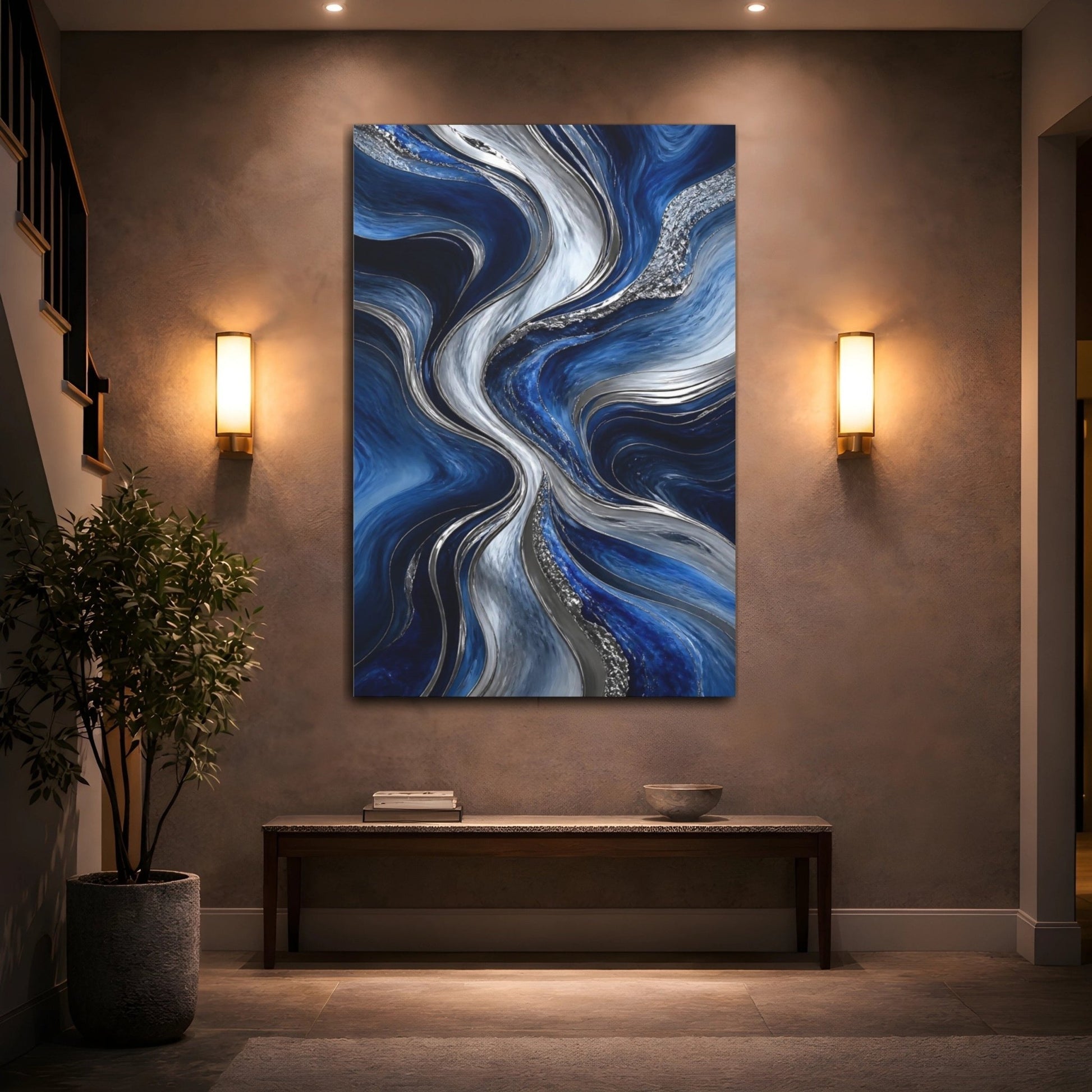 Abstract Fluid Blue Silver Canvas Print – Living Room, Above Console Table, and - YesArtYes