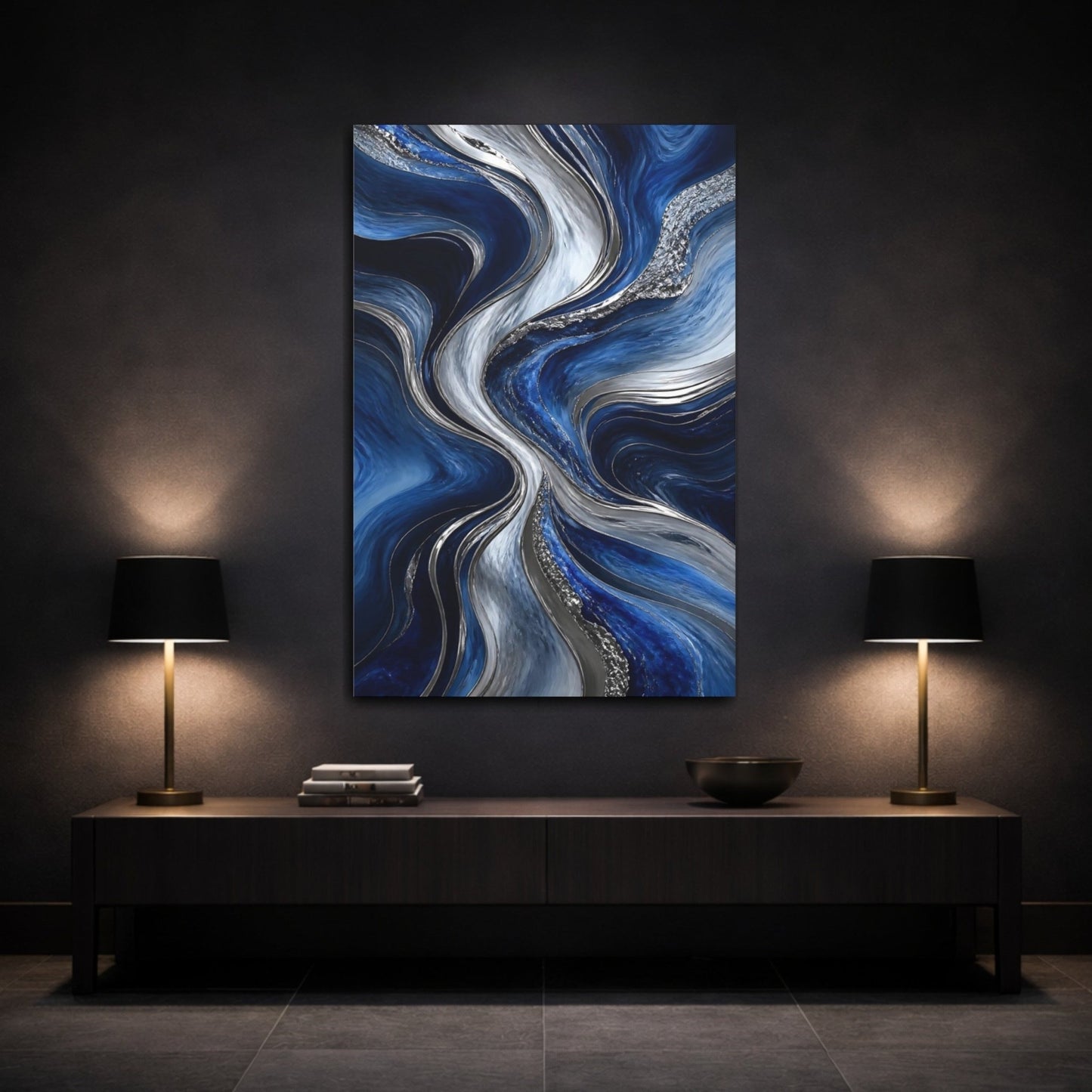 Abstract Fluid Blue Silver Canvas Print – Living Room, Above Console Table, and - YesArtYes