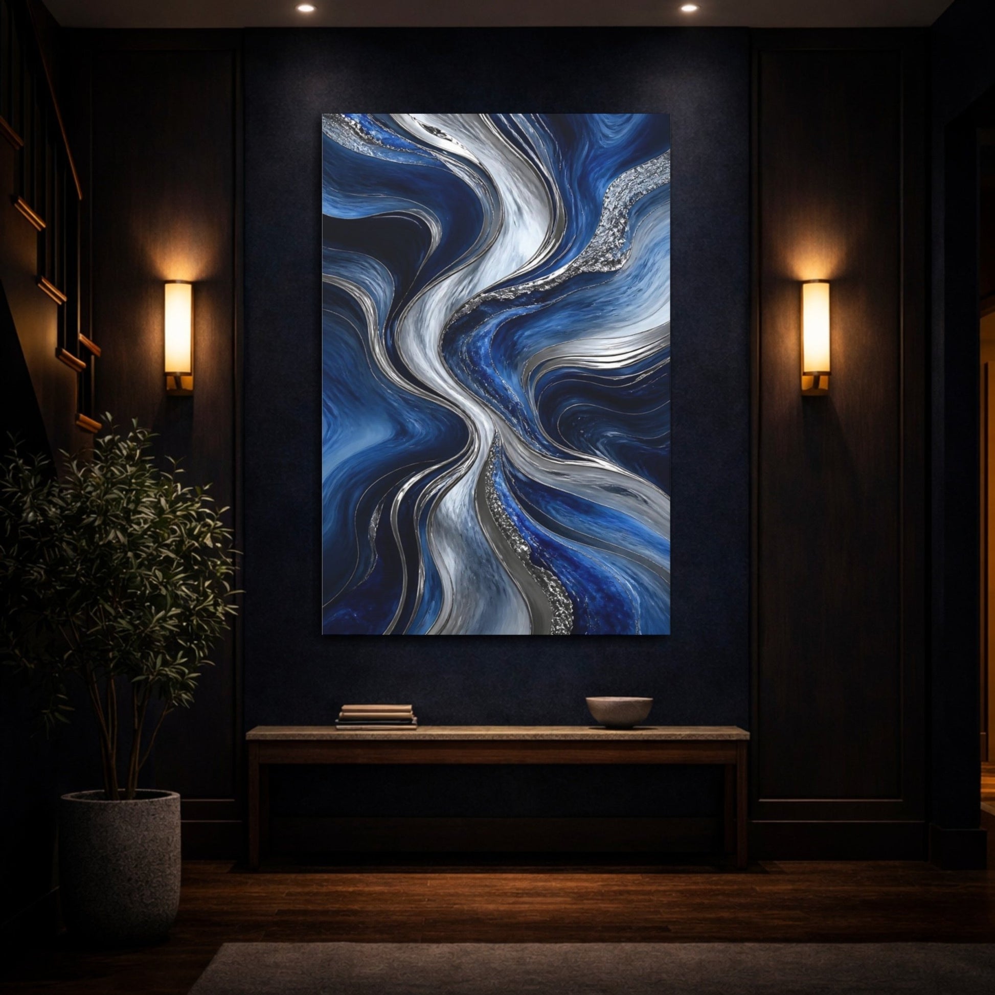 Abstract Fluid Blue Silver Canvas Print – Living Room, Above Console Table, and - YesArtYes