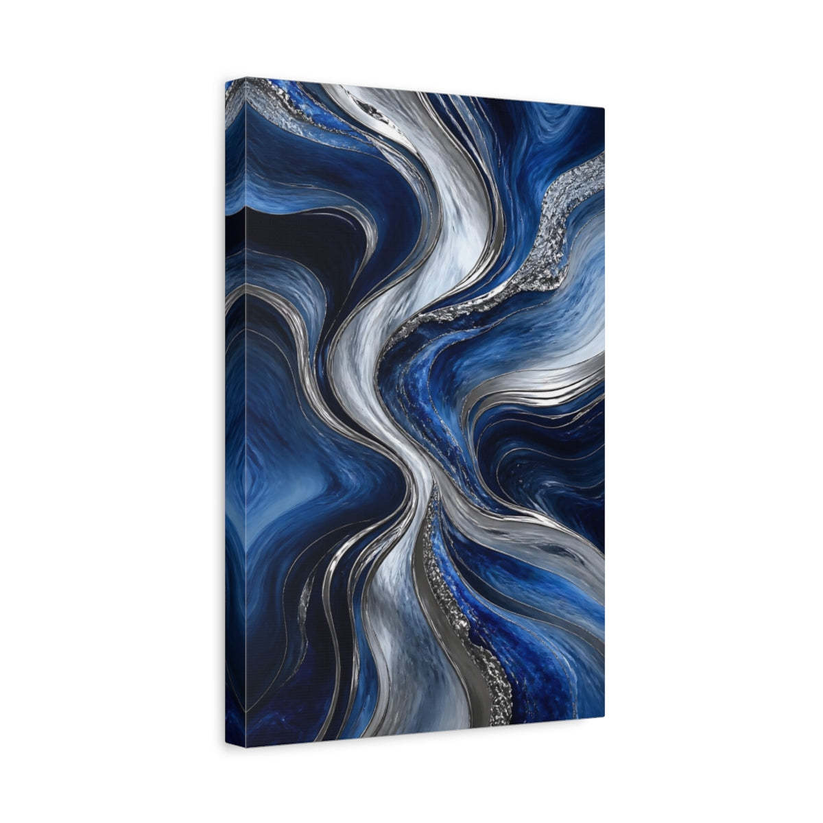 Side Mockup 4. Abstract Fluid Abstract Blue Silver Abstract shown as stretched canvas wall art