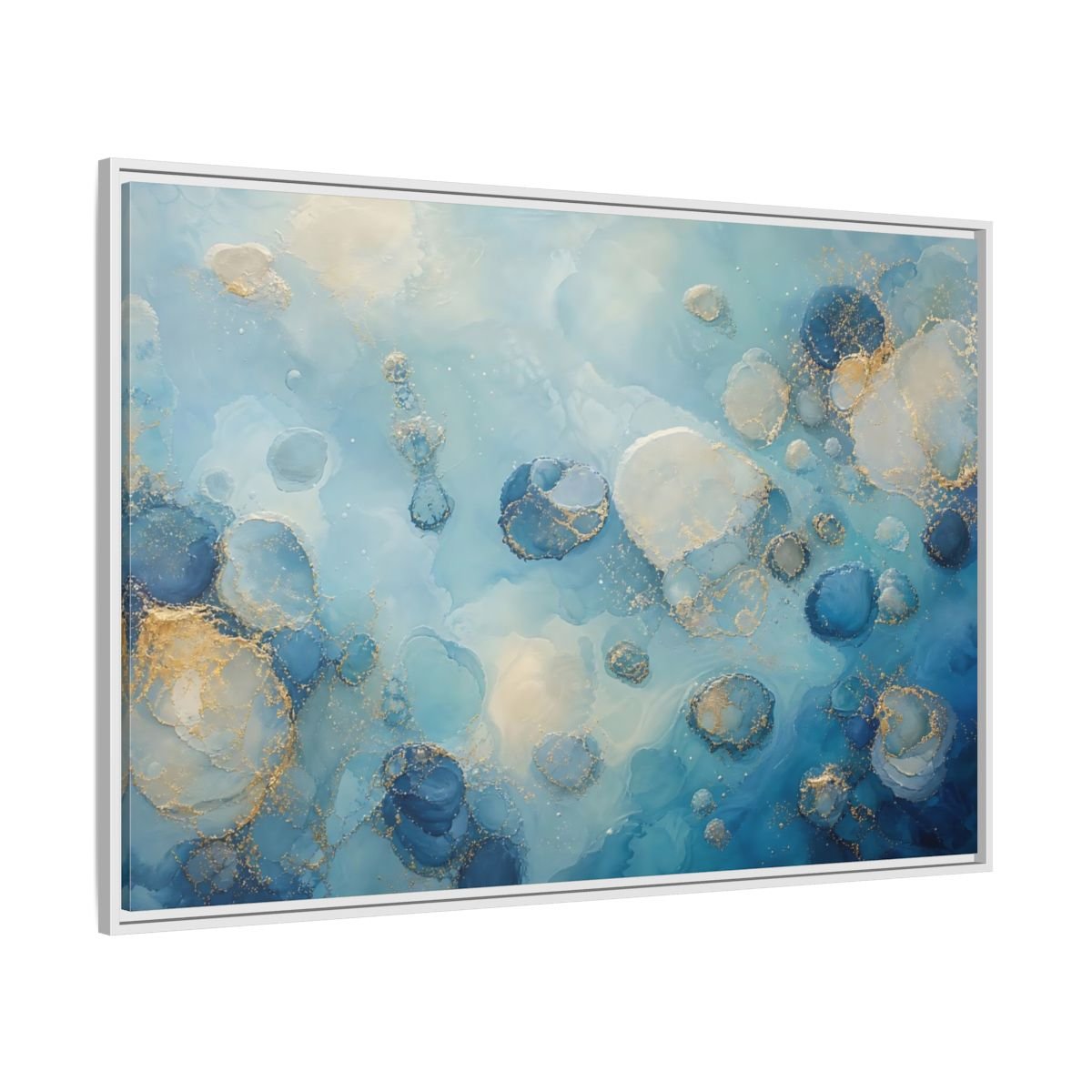 Abstract Fluid Cells Blue And Gold Framed Canvas Print – Living Room, Above Couch - YesArtYes