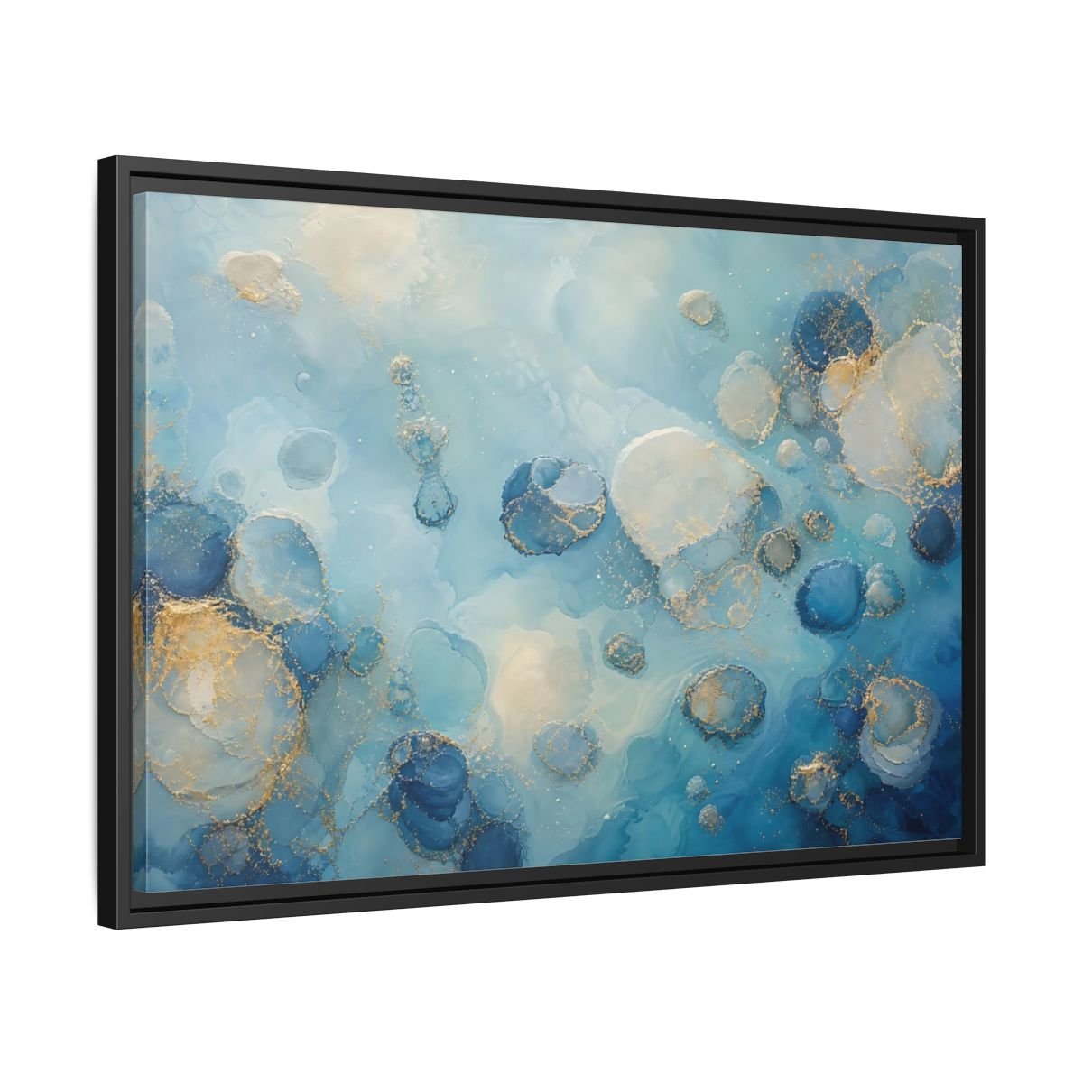 Abstract Fluid Cells Blue And Gold Framed Canvas Print – Living Room, Above Couch - YesArtYes