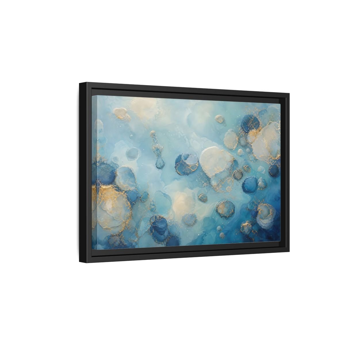 Abstract Fluid Cells Blue And Gold Framed Canvas Print – Living Room, Above Couch - YesArtYes