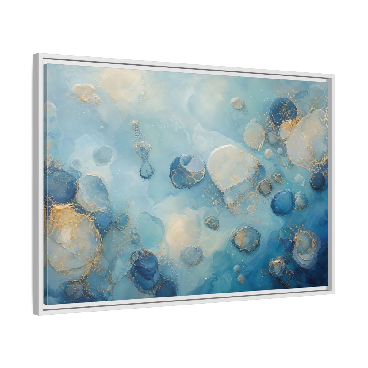 Abstract Fluid Cells Blue And Gold Framed Canvas Print – Living Room, Above Couch - YesArtYes