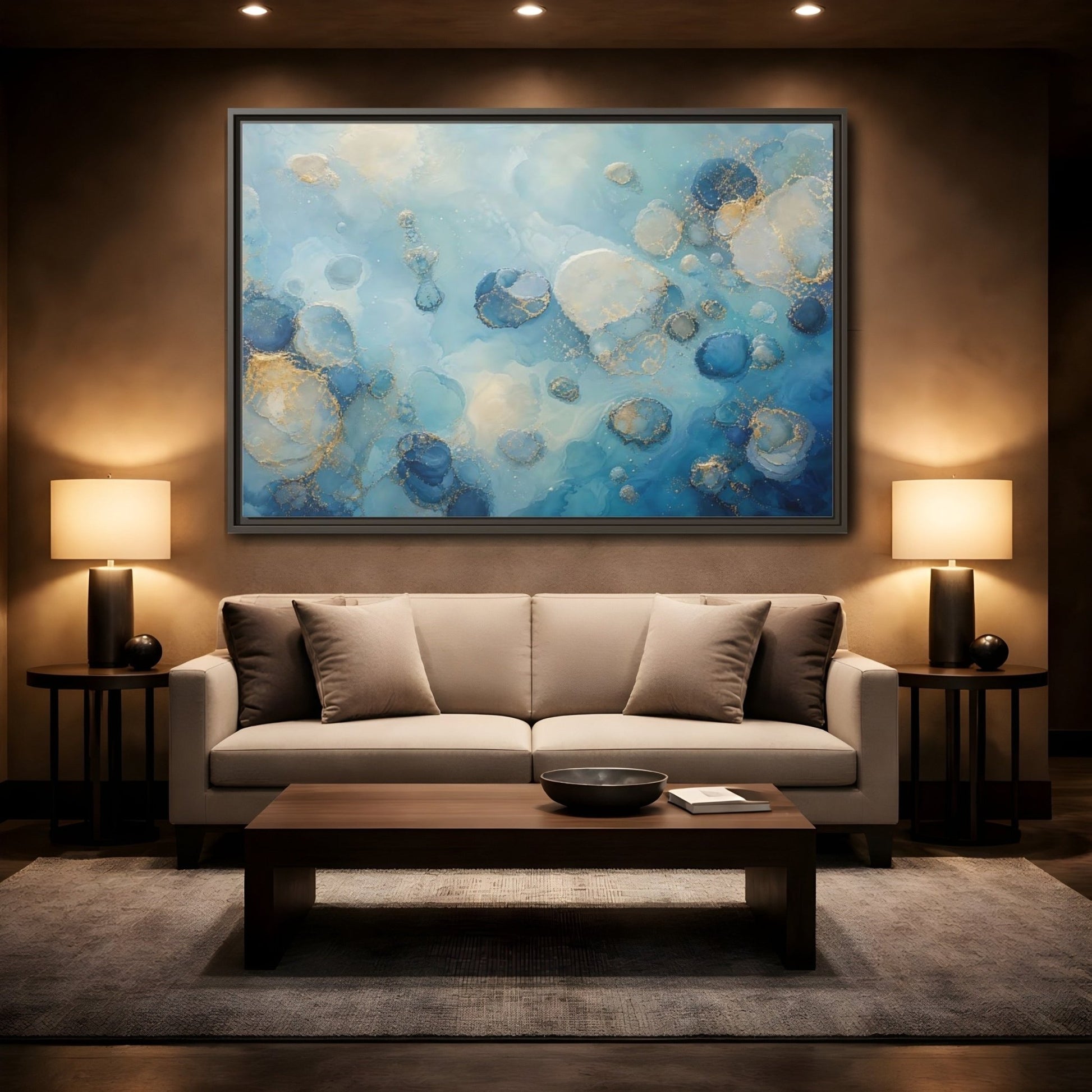 Abstract Fluid Cells Blue And Gold Framed Canvas Print – Living Room, Above Couch - YesArtYes