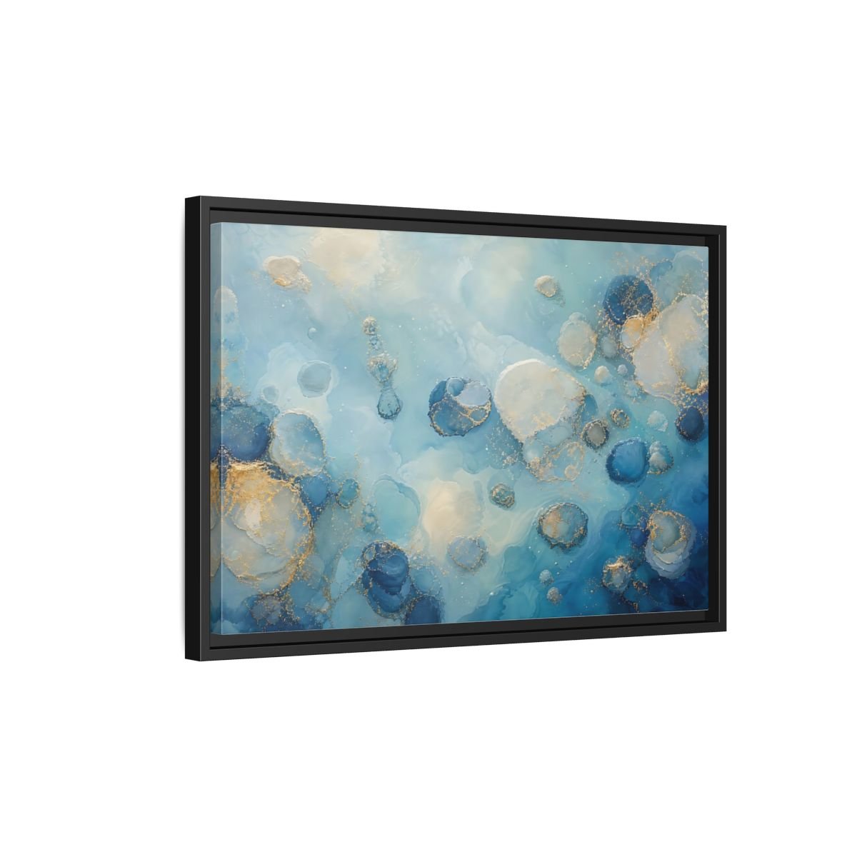 Abstract Fluid Cells Blue And Gold Framed Canvas Print – Living Room, Above Couch - YesArtYes