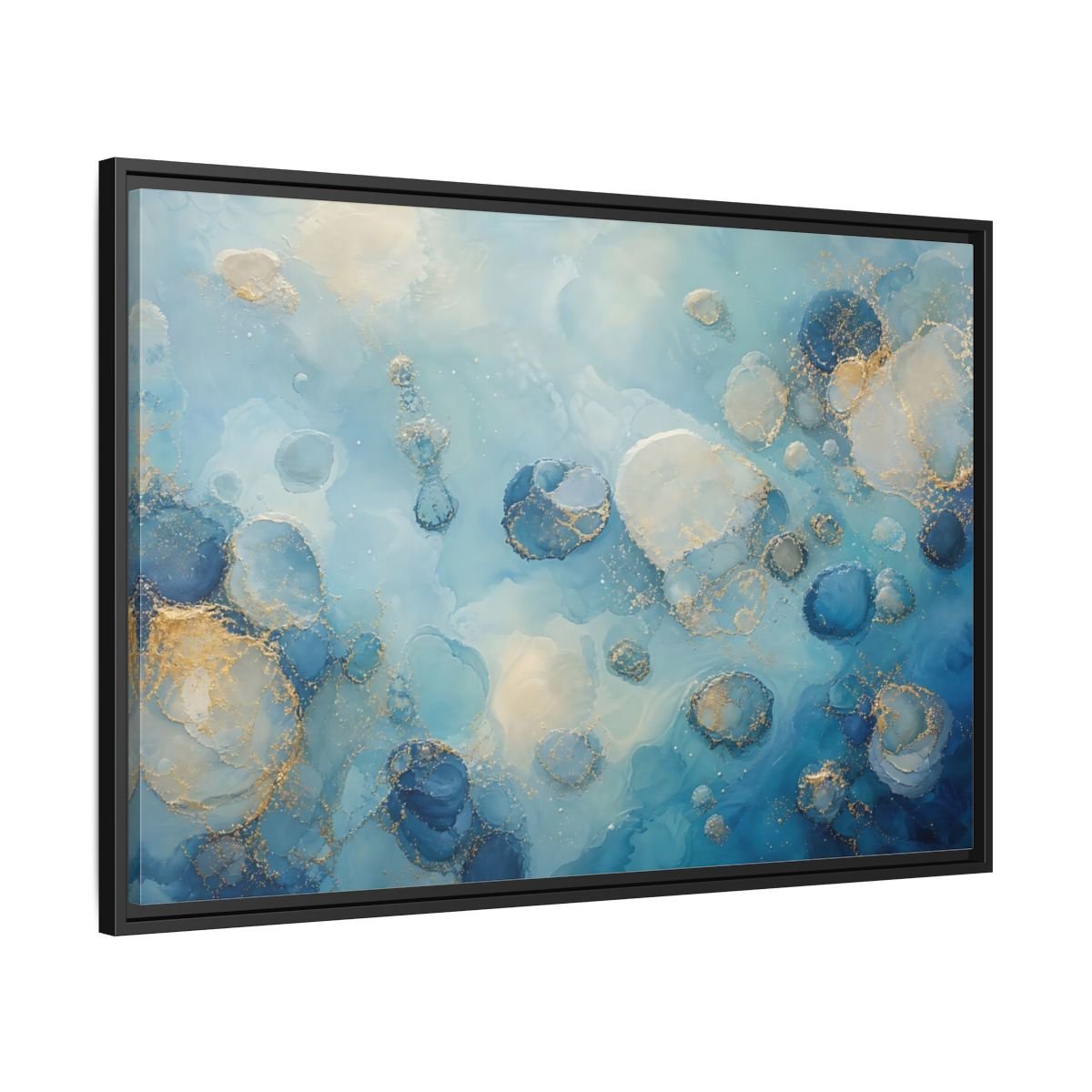 Abstract Fluid Cells Blue And Gold Framed Canvas Print – Living Room, Above Couch - YesArtYes