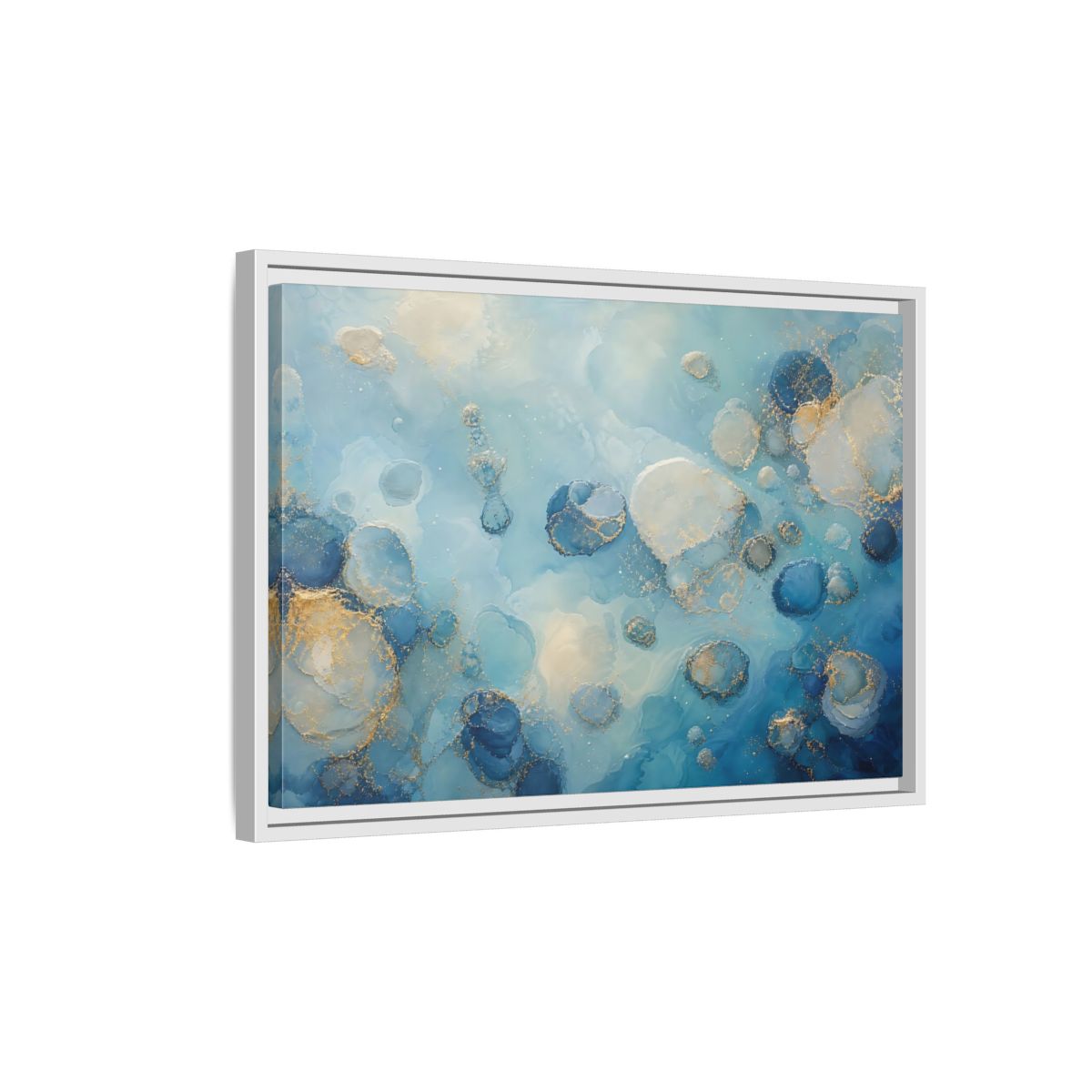 Side Mockup 1. Abstract Fluid Cells Blue And Gold shown as framed canvas print