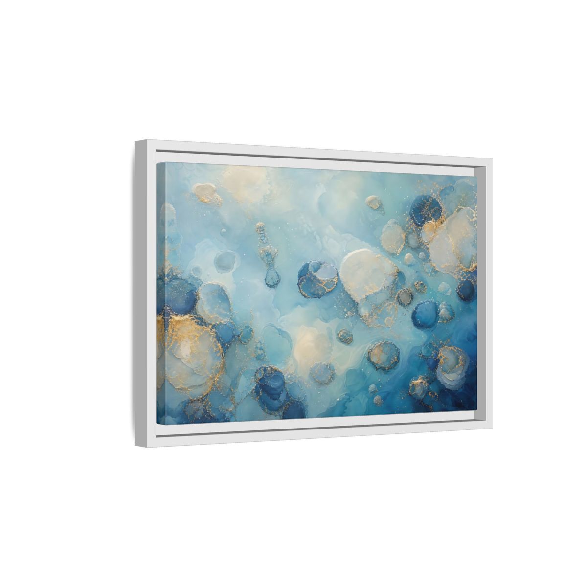 Side Mockup 4. Abstract Fluid Cells Blue And Gold shown as framed canvas print