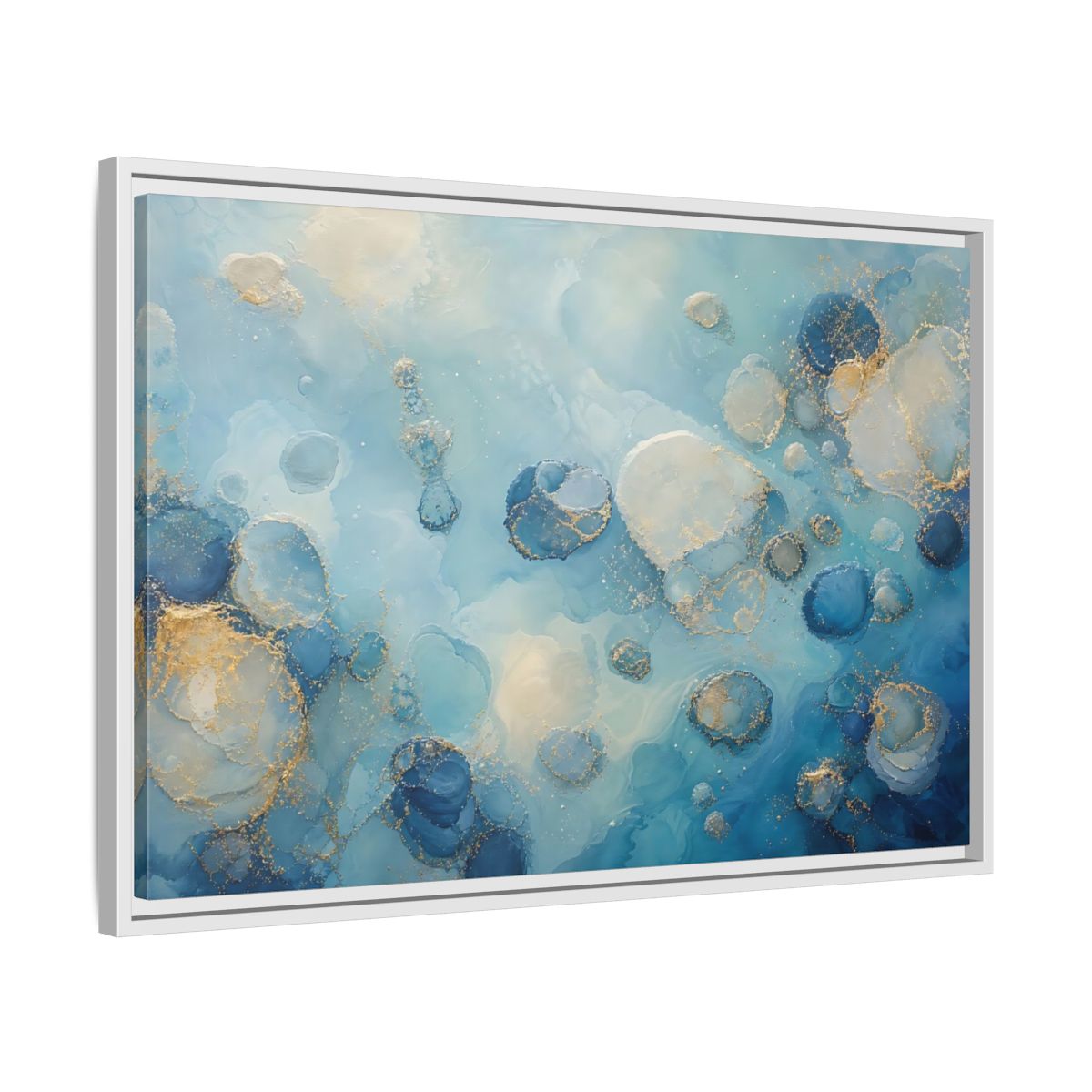 Side Mockup 10. Abstract Fluid Cells Blue And Gold shown as framed canvas print