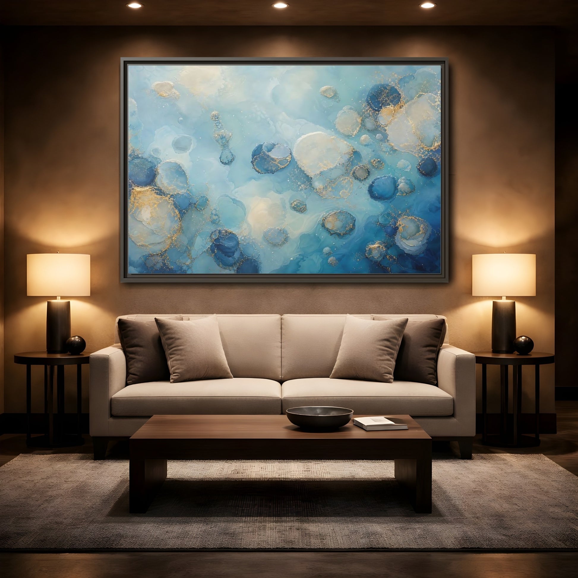 Mockup 2. Abstract Fluid Cells Blue And Gold shown as framed canvas print
