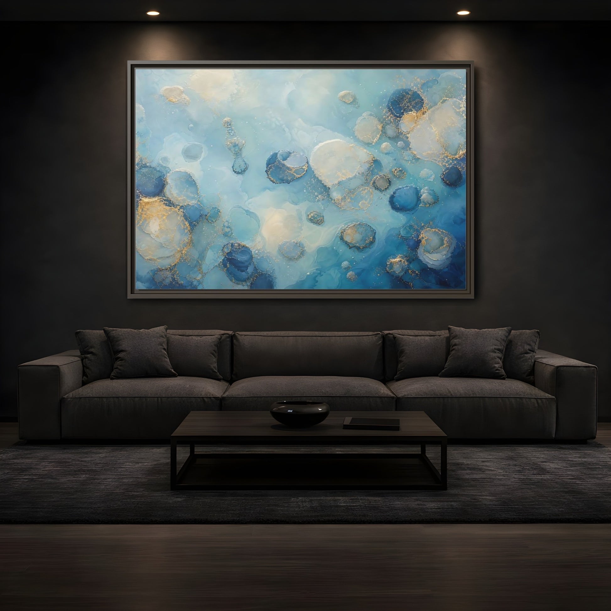 Mockup 3. Abstract Fluid Cells Blue And Gold shown as framed canvas print