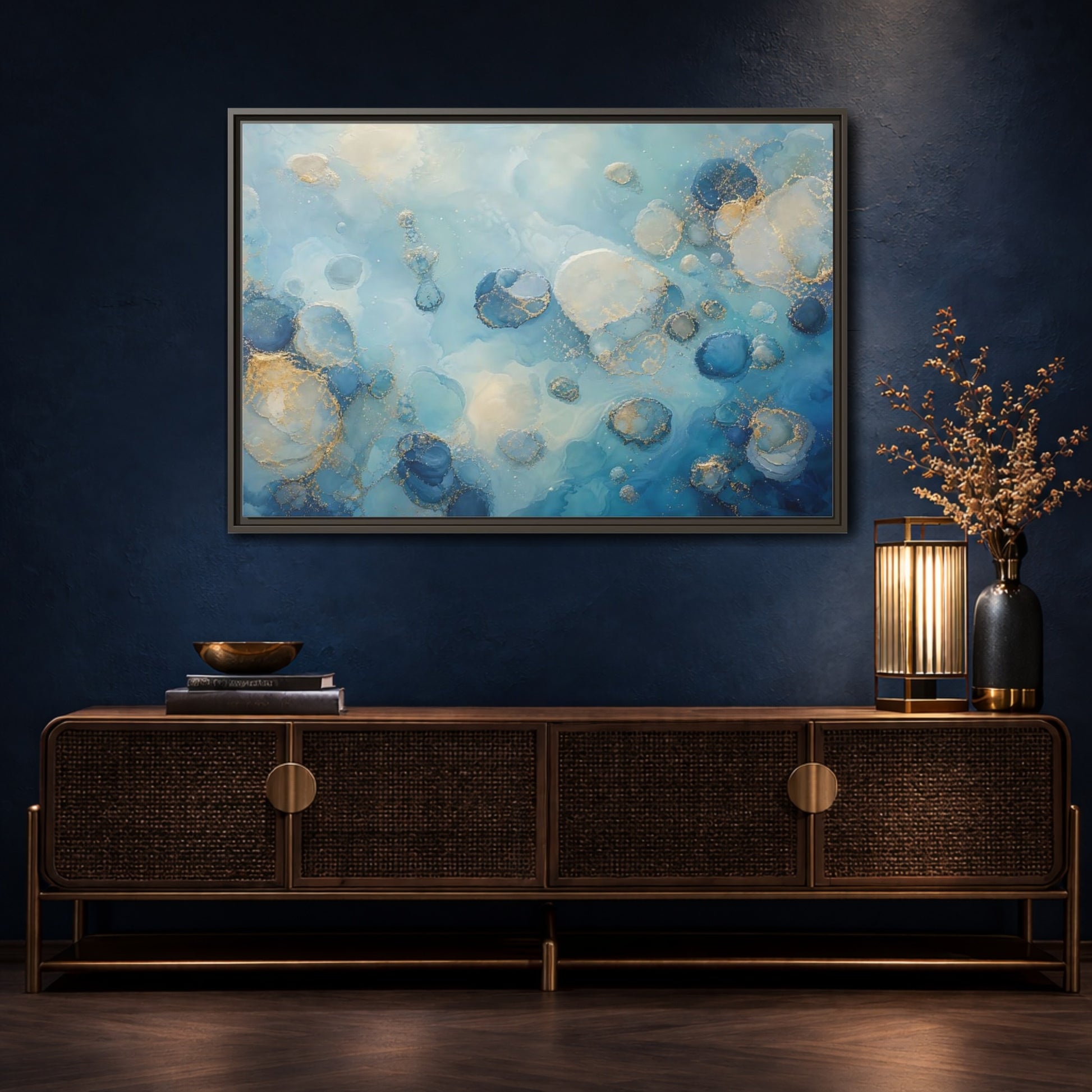 Mockup 4. Abstract Fluid Cells Blue And Gold shown as framed canvas print