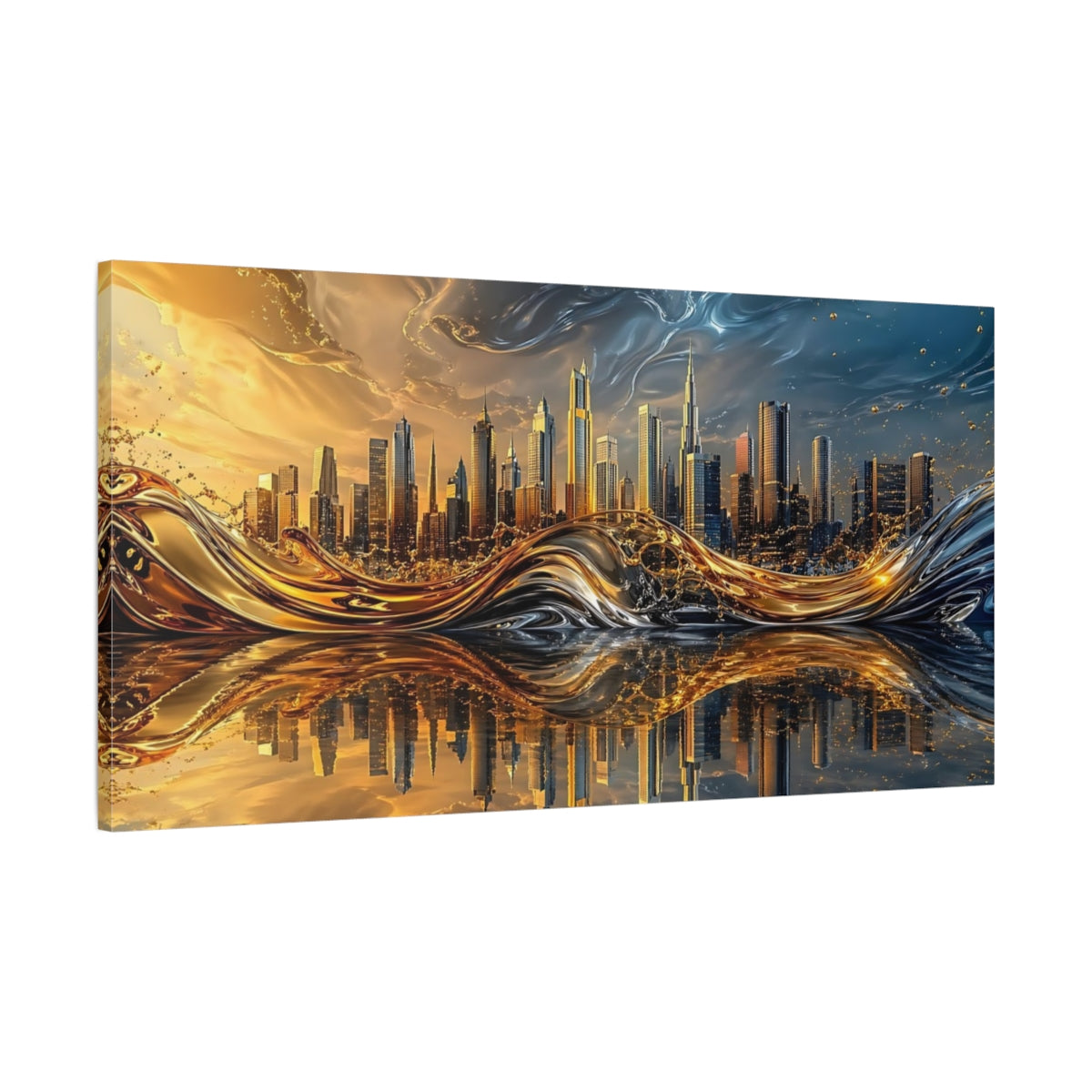 Main Mockup. Abstract Fluid Cityscape Gold And Blue shown as stretched canvas wall art