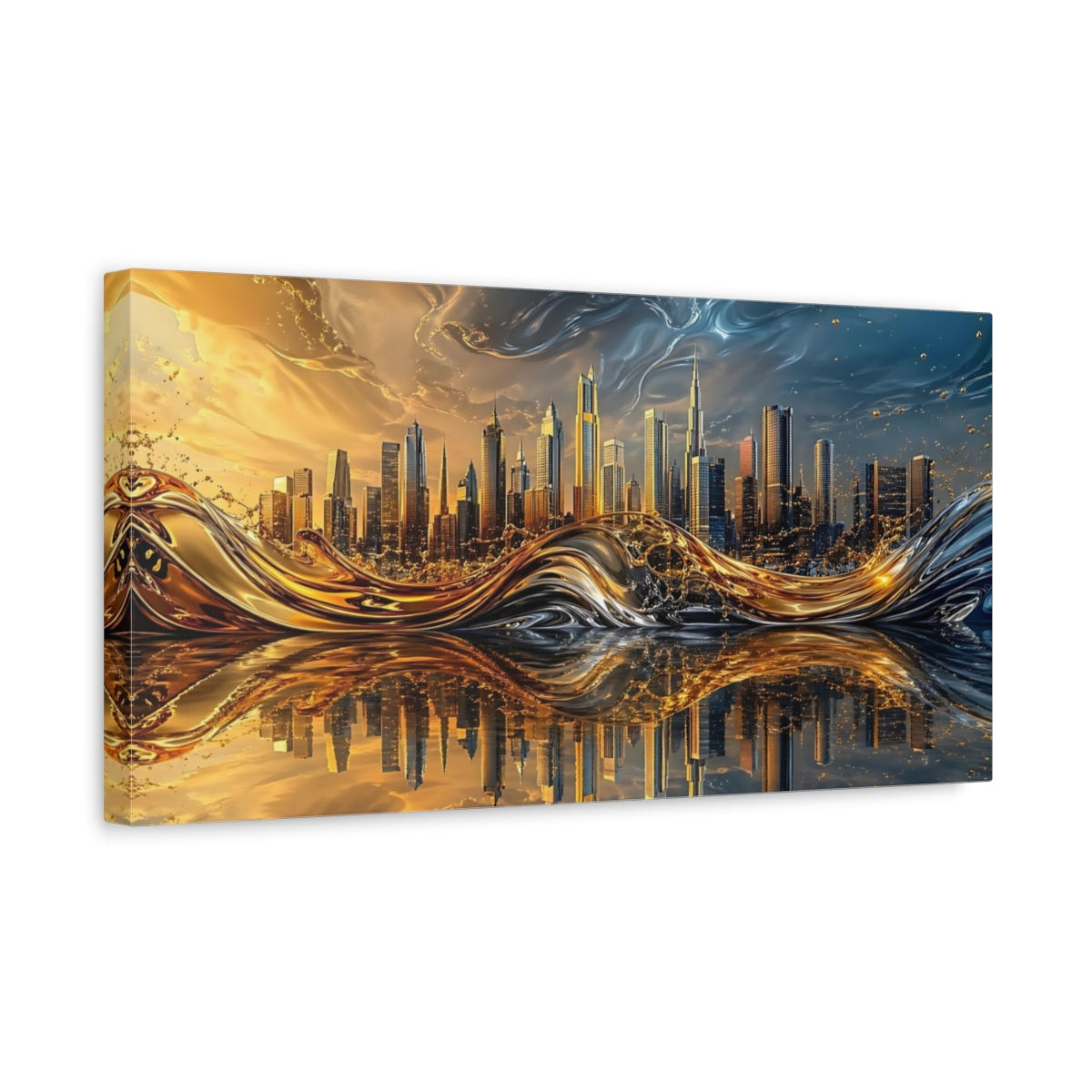 Side Mockup 3. Abstract Fluid Cityscape Gold And Blue shown as stretched canvas wall art