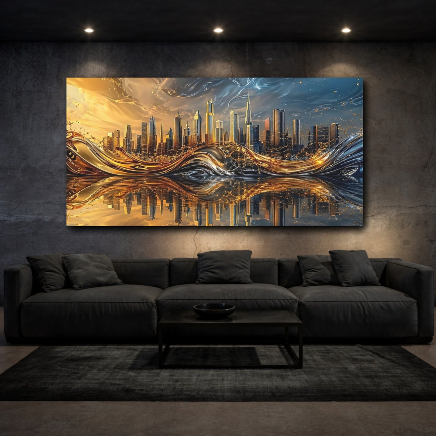 Mockup 2. Abstract Fluid Cityscape Gold And Blue shown as stretched canvas wall art