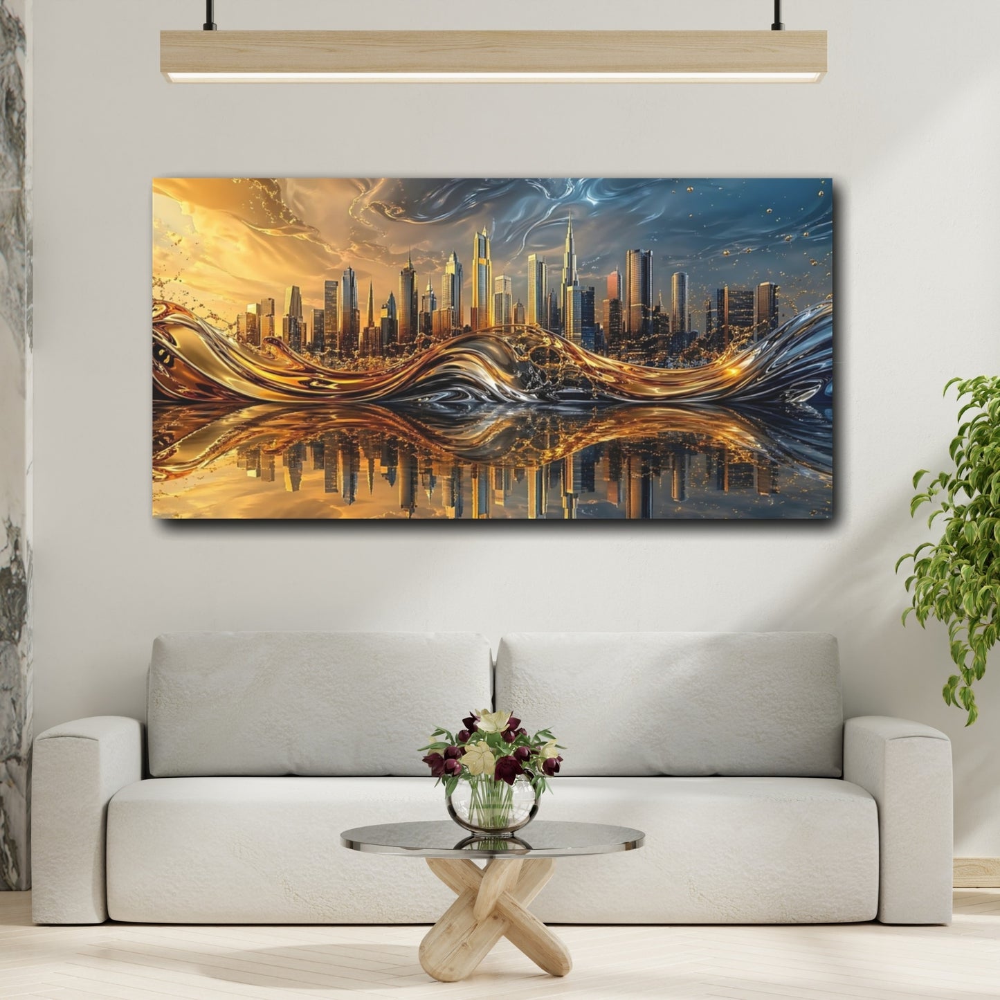Mockup 3. Abstract Fluid Cityscape Gold And Blue shown as stretched canvas wall art