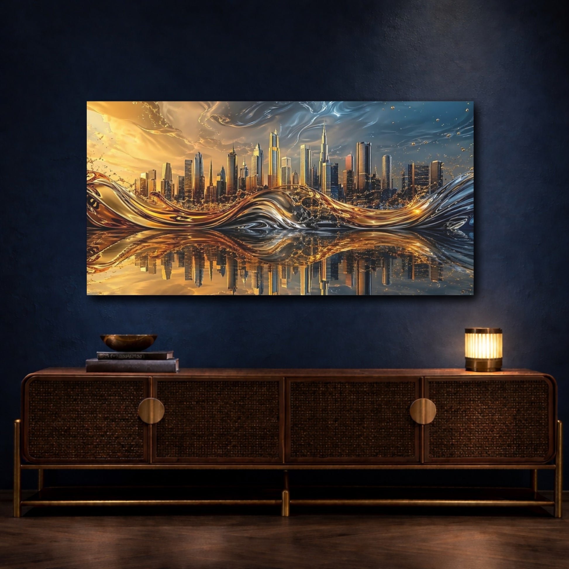 Mockup 4. Abstract Fluid Cityscape Gold And Blue shown as stretched canvas wall art